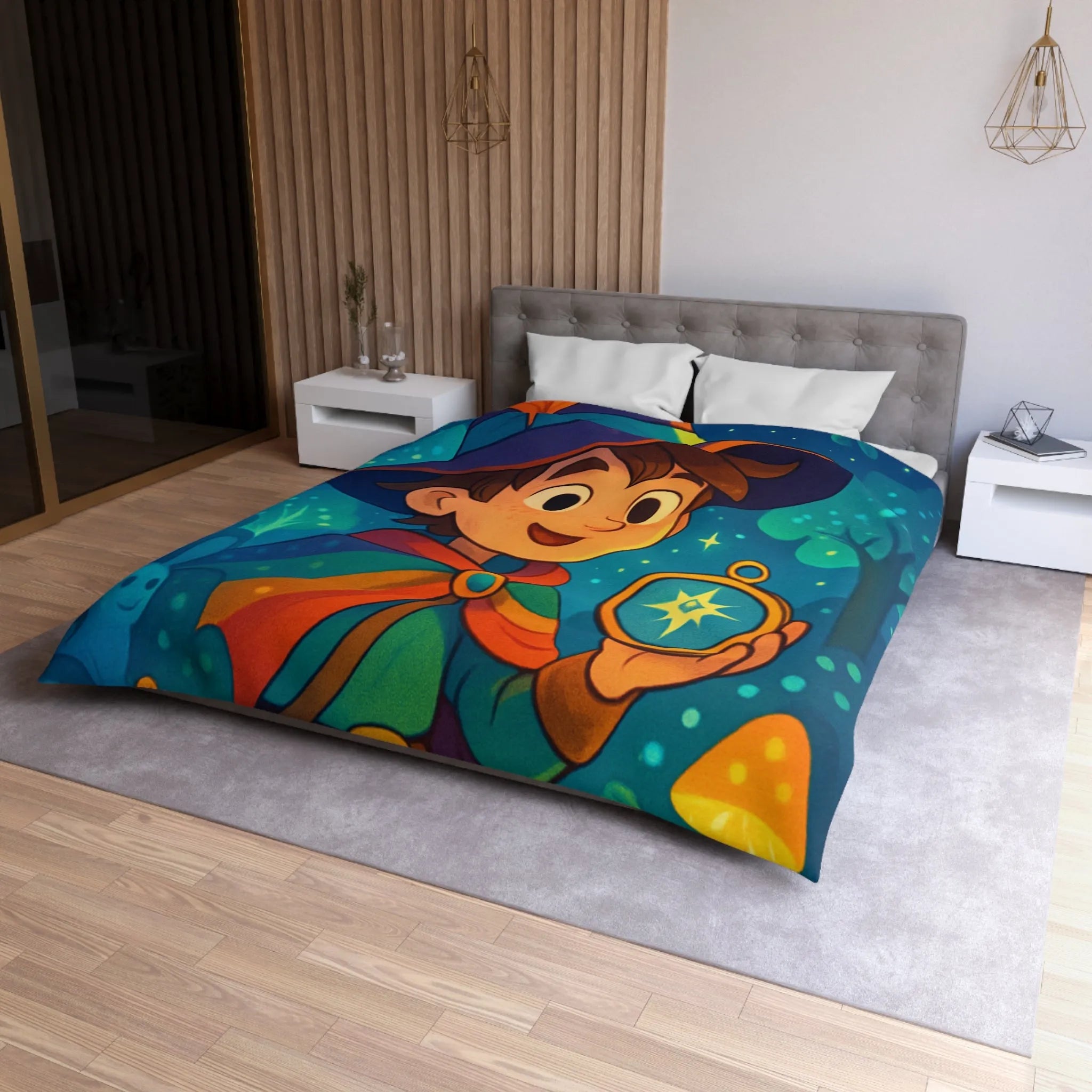 Housse de Couette Enfant Fantasy avec Sorcier et Dragon dans Forêt Enchantée Étoilée