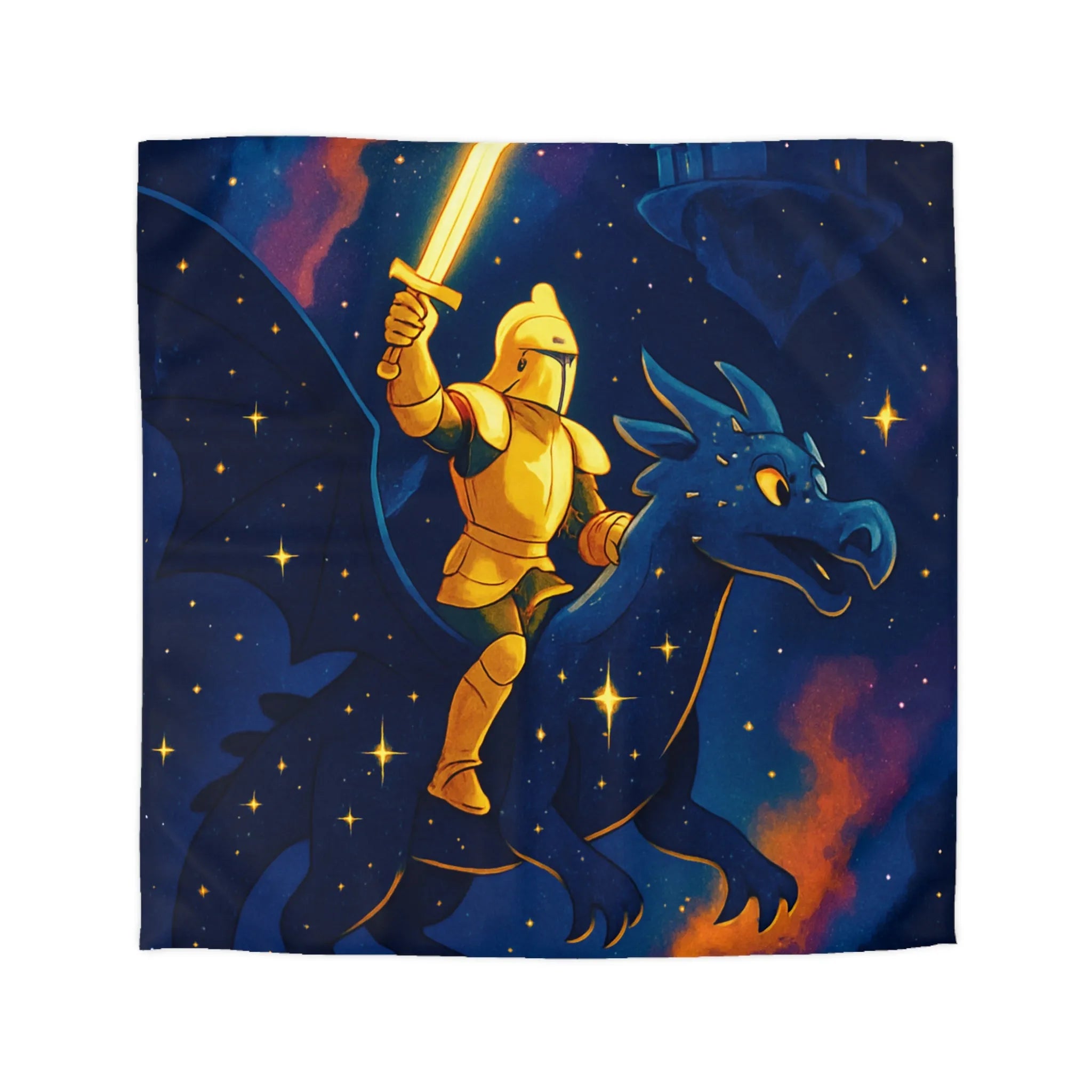 Housse de couette avec chevalier et dragon volant sous étoiles et château magique