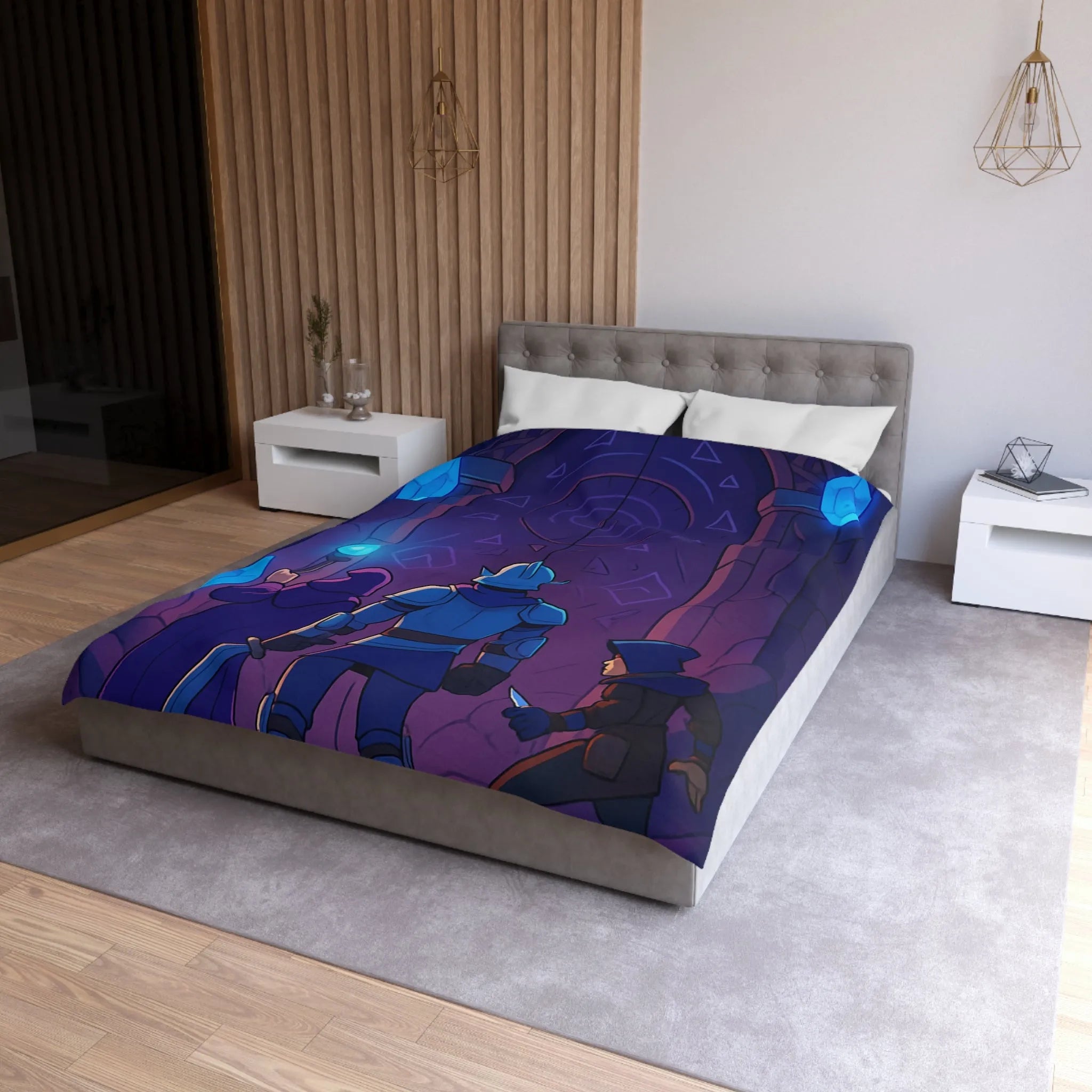 Housse de couette médiévale fantasy avec chevalier et magicien devant porte mystique