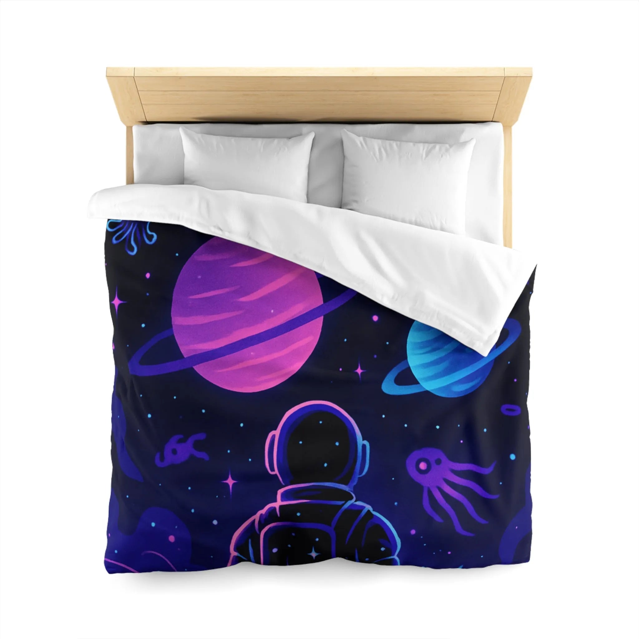 Housse de couette cosmique colorée avec astronaute, planètes et motifs galactiques rêveurs
