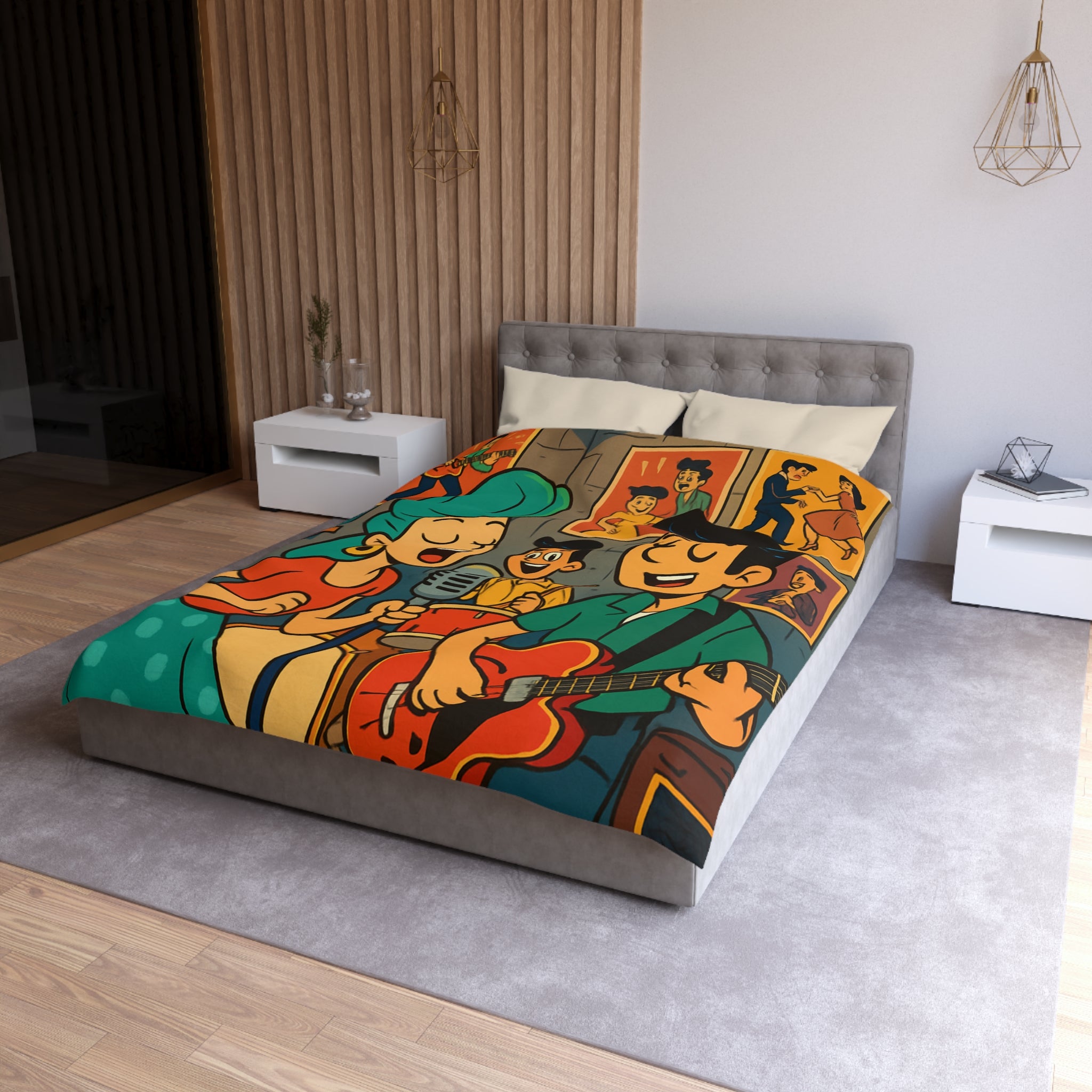 Housse de couette rétro ambiance années 50 avec musiciens et affiches colorées vintage