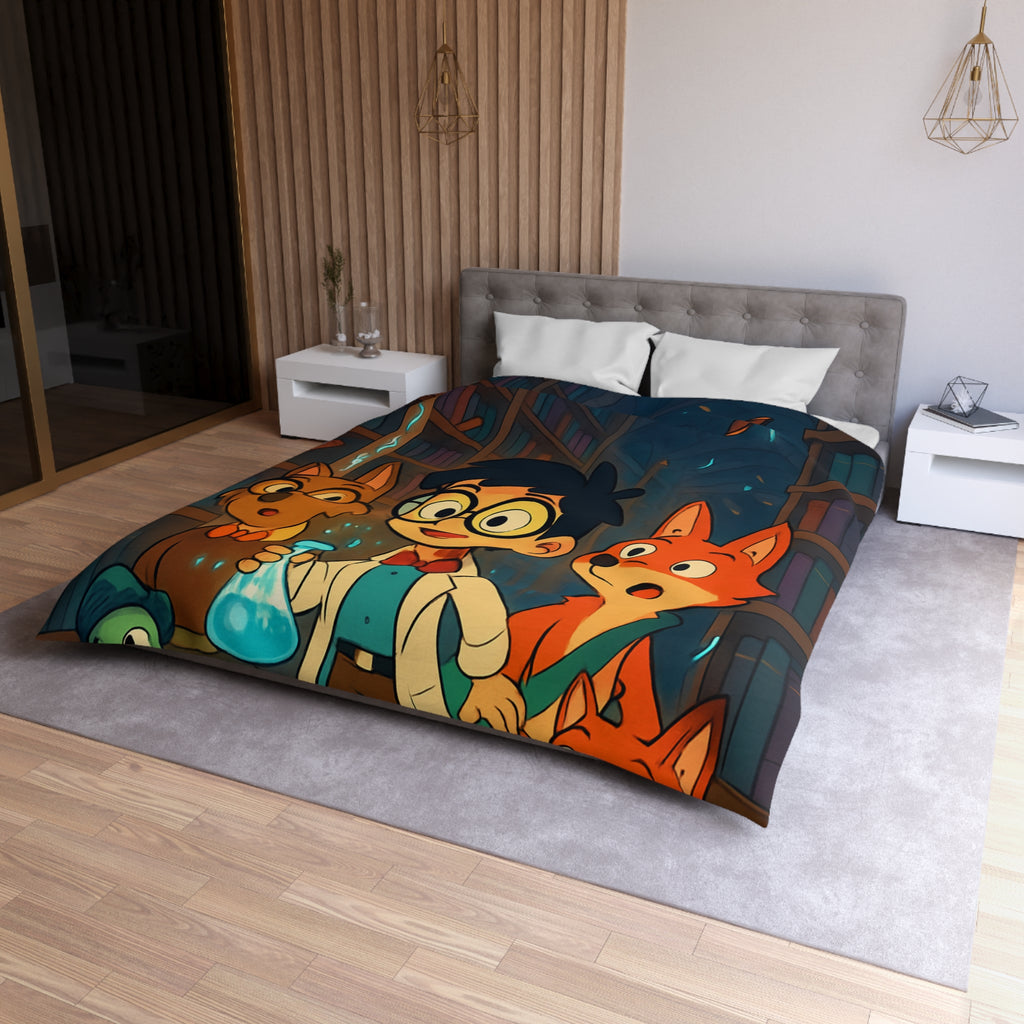 Housse de couette pour enfants avec dessin animé de bibliothèque magique et animaux curieux