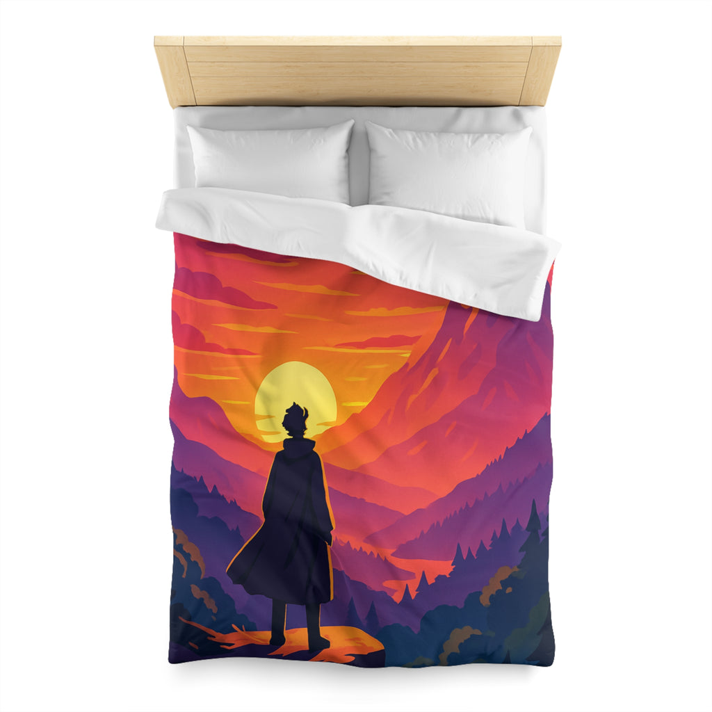 Housse de couette montagnes coucher de soleil silhouette homme paysage artistique vibrant