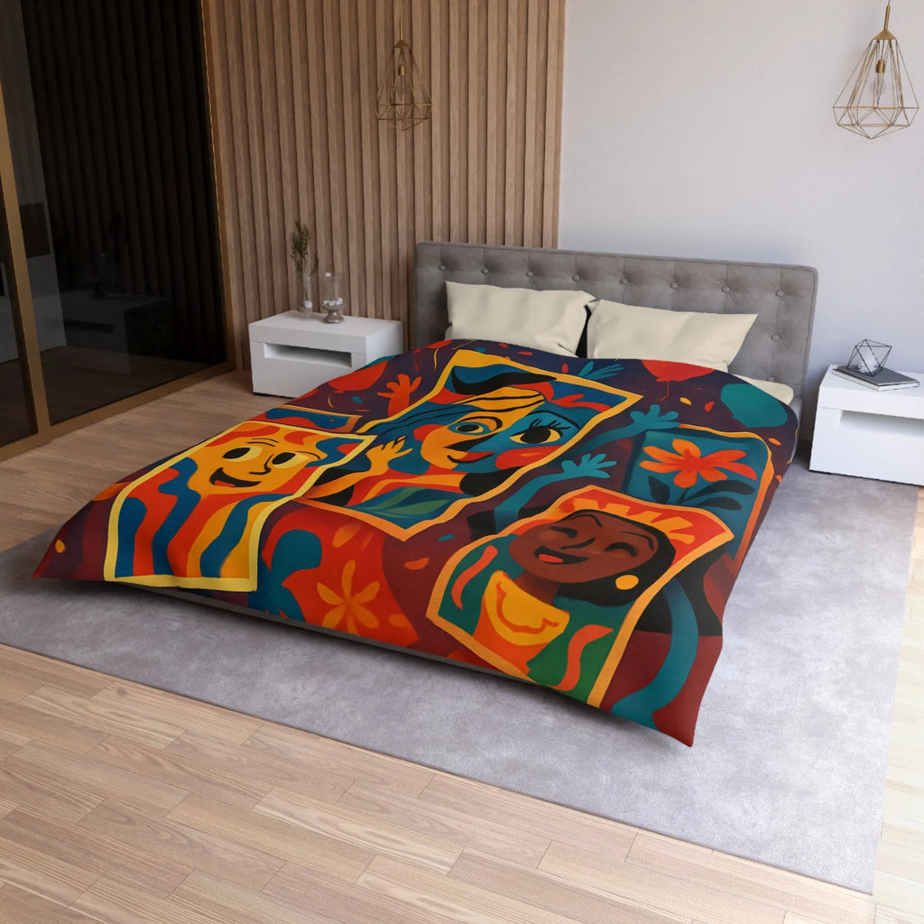 Housse de couette colorée comics avec motifs de fête et personnages joyeux