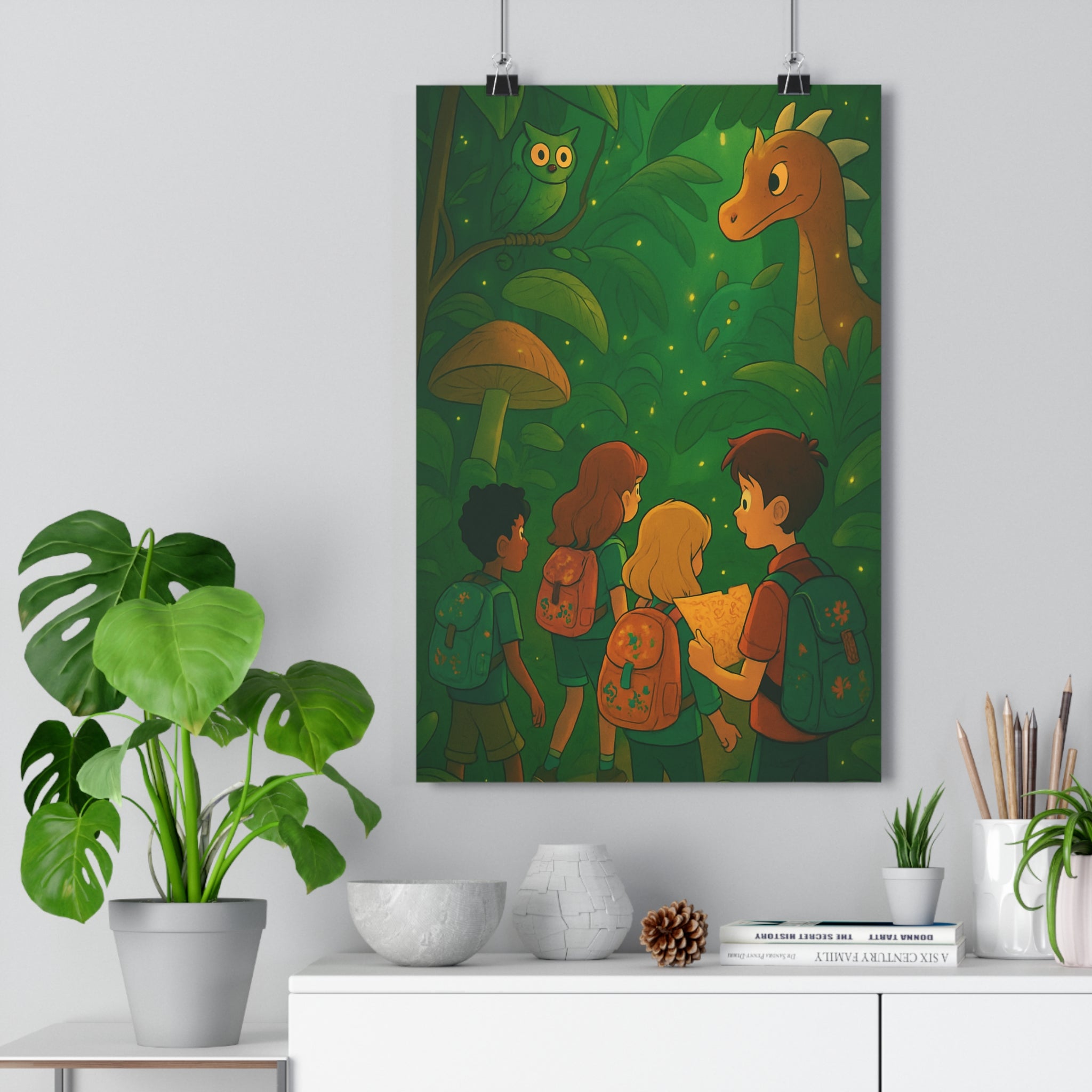 Poster décoratif nature sauvage vert forêt aventure enfant chambre magique apaisant dinosaure hibou amical
