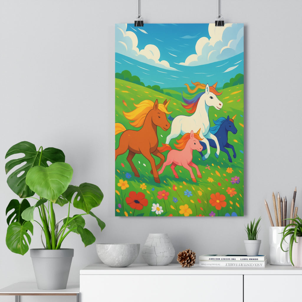 Poster décoratif licornes cartoon coloré joyeux féerique enfant chambre paysage magique bleu verdoyant qualité