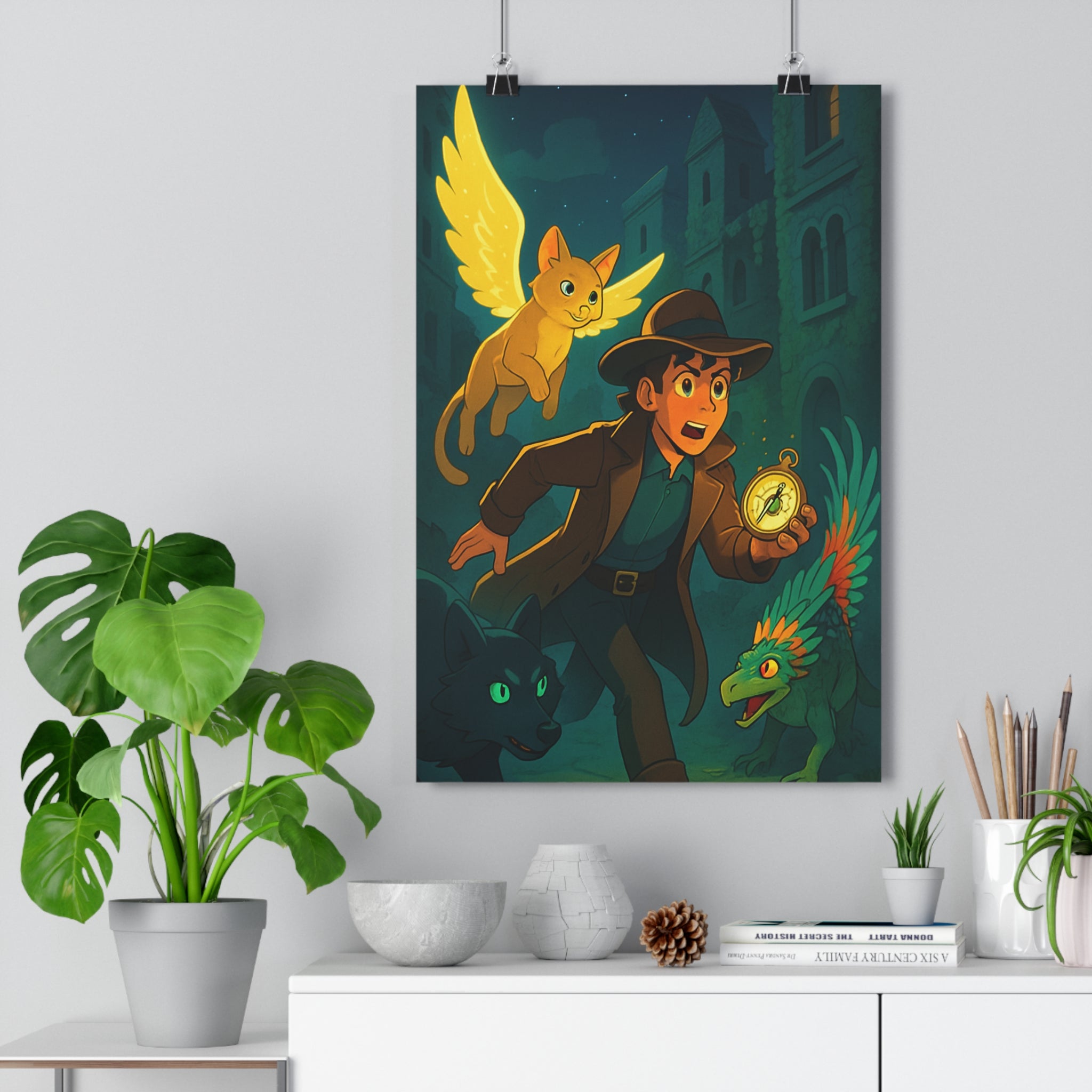 Poster décoratif mystique créatures fantastiques cartoon bleu vert jaune chambre enfant aventure magique qualité