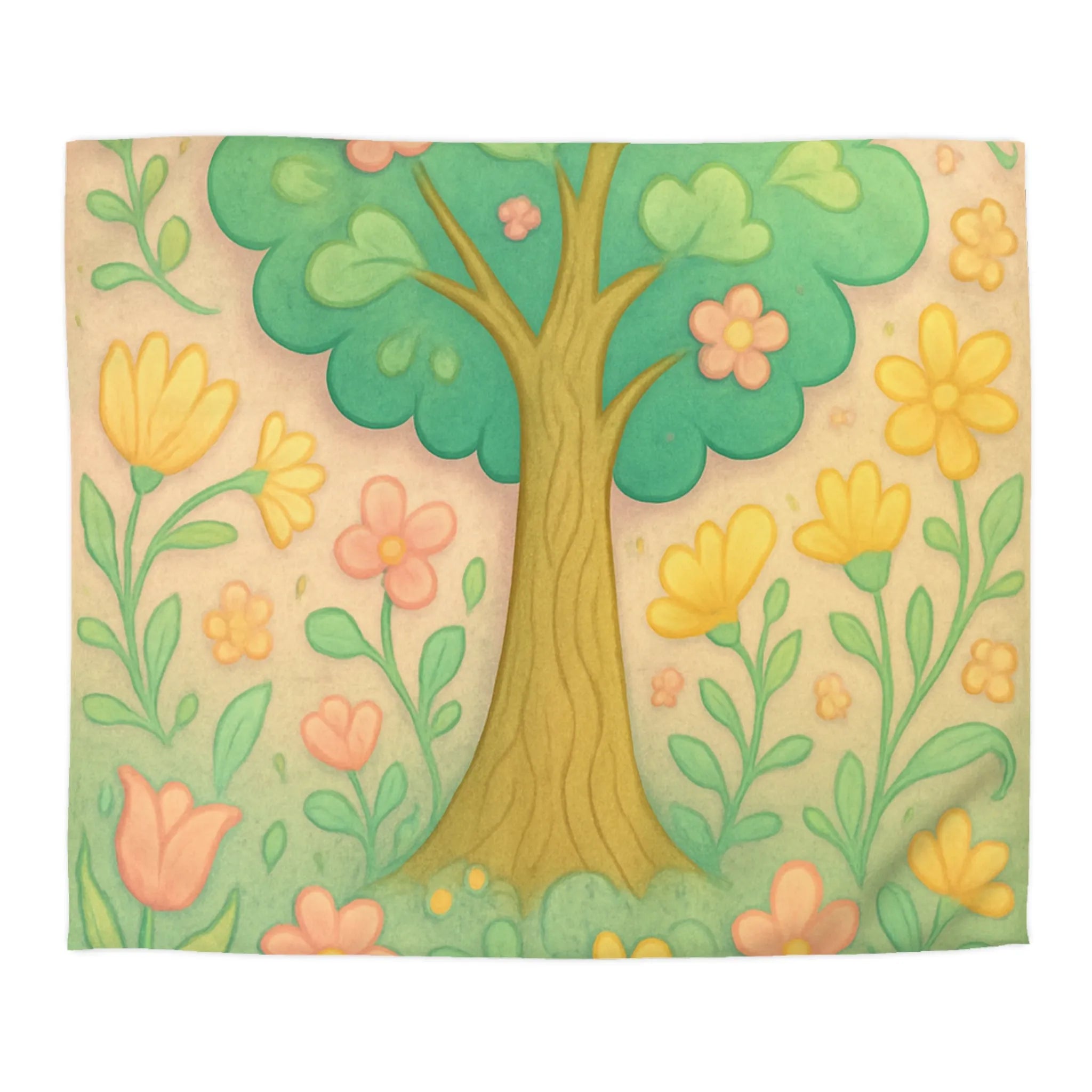 Housse de couette illustrée d'arbre fleuri et printemps avec couleurs douces pour chambre