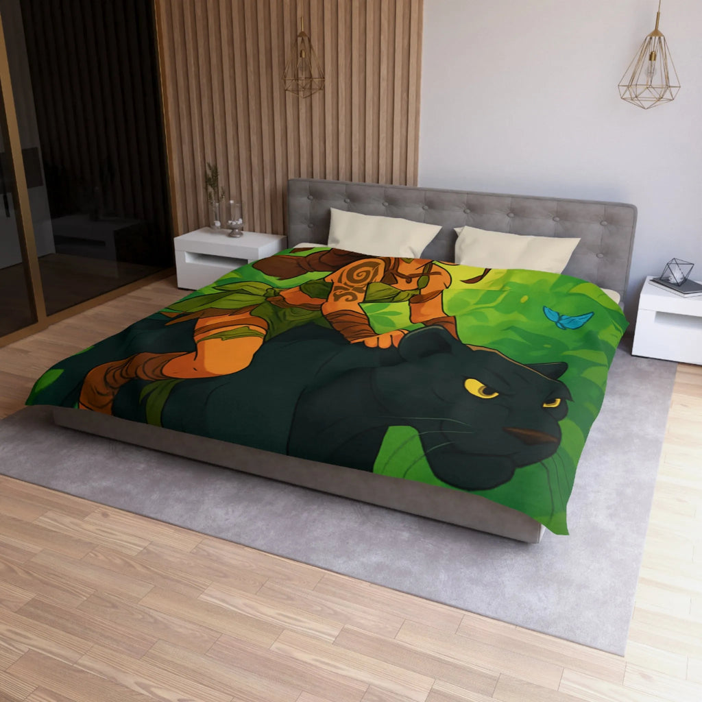 Housse de couette jungle avec fille guerrière et panthère noire pour chambre colorée