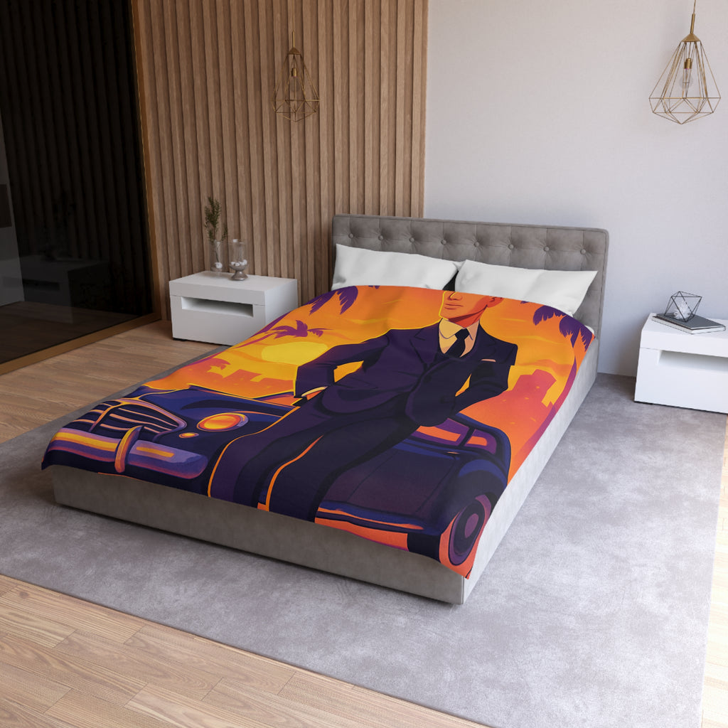 Housse de couette vintage avec homme élégant devant voiture classique au coucher du soleil