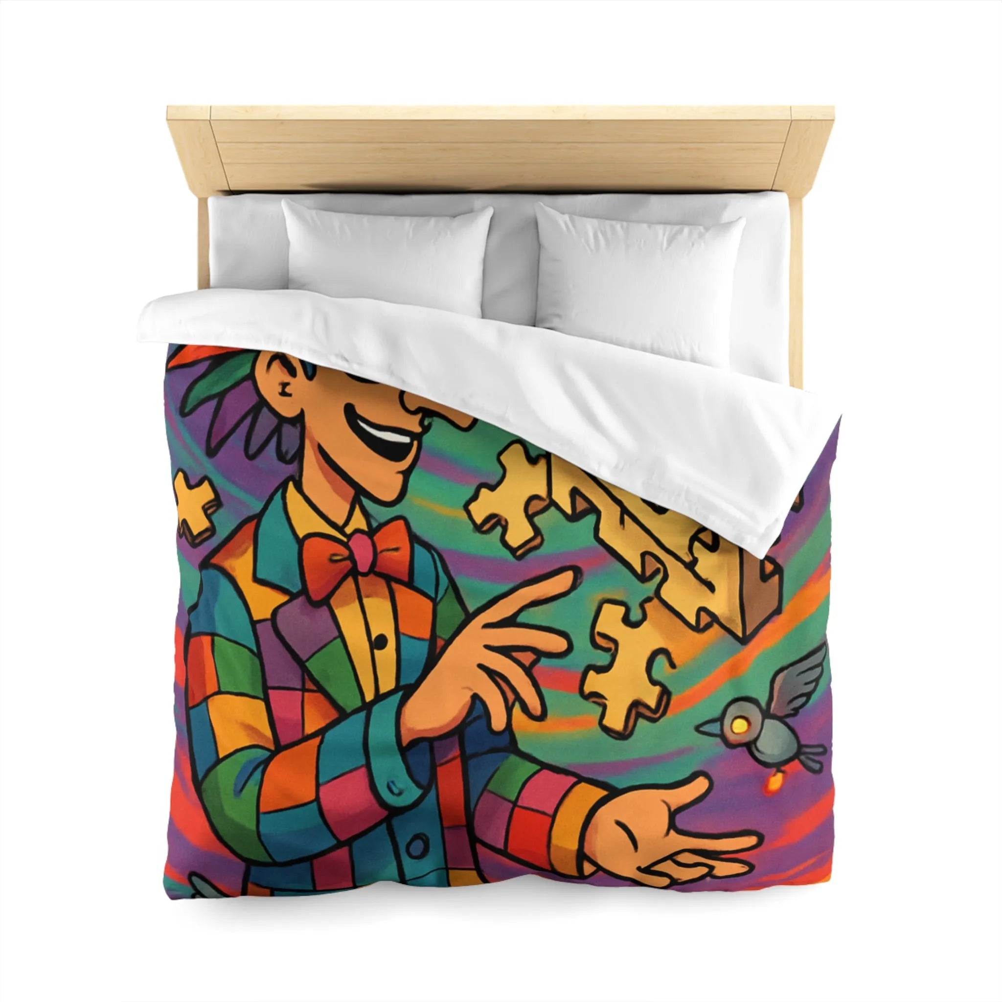 Housse de couette colorée avec illusion d'optique géométrique et motif de clown vibrant