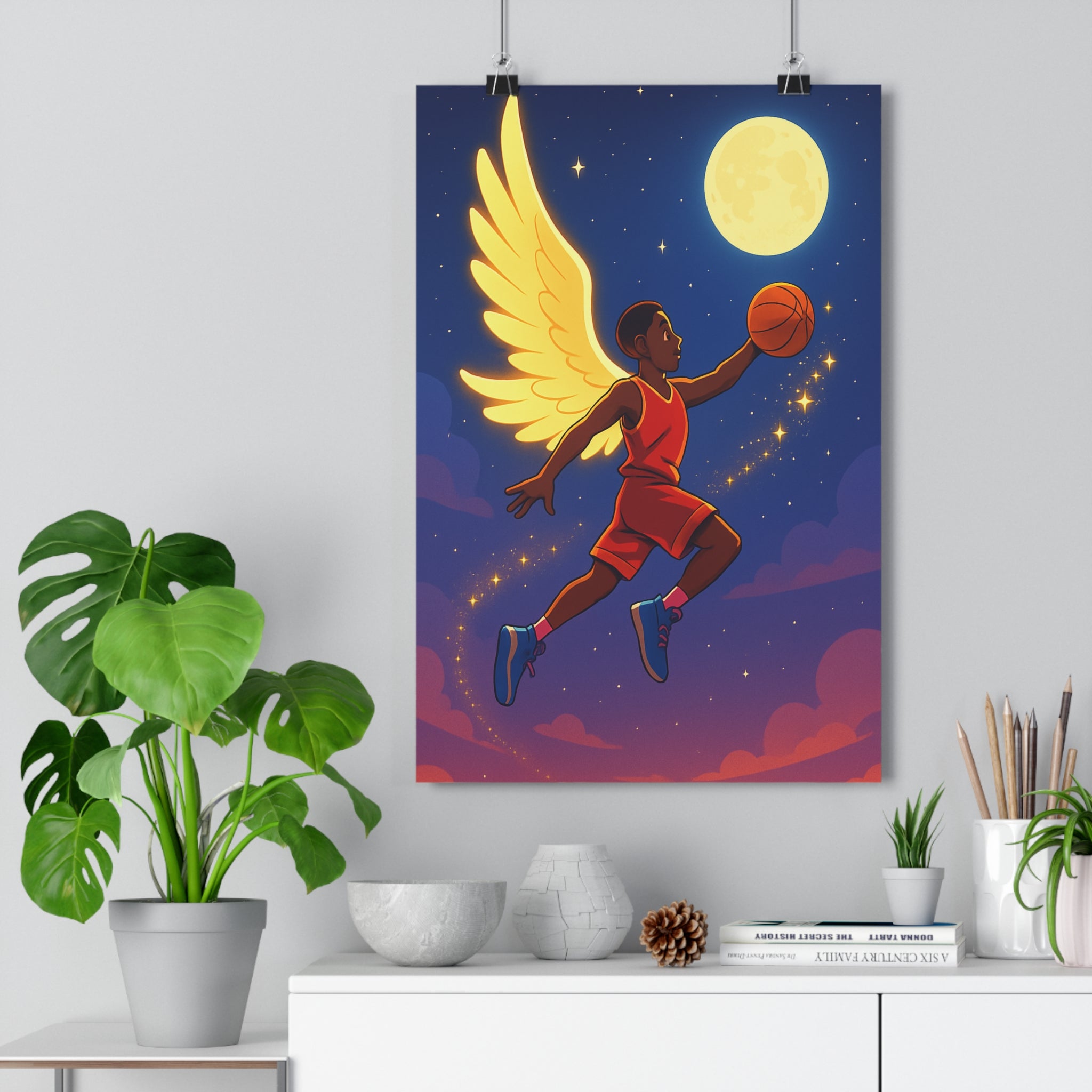 Poster décoratif surréaliste basketball ailes lumineuses rouge ciel étoilé magique chambre bureau 30x46 qualité