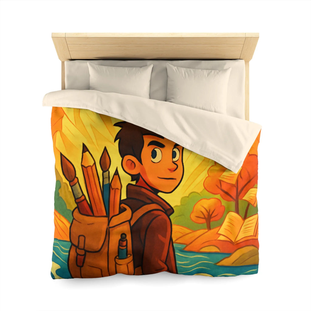 Housse de couette artistique colorée avec paysage lumineux et personnage aventureux dessiné