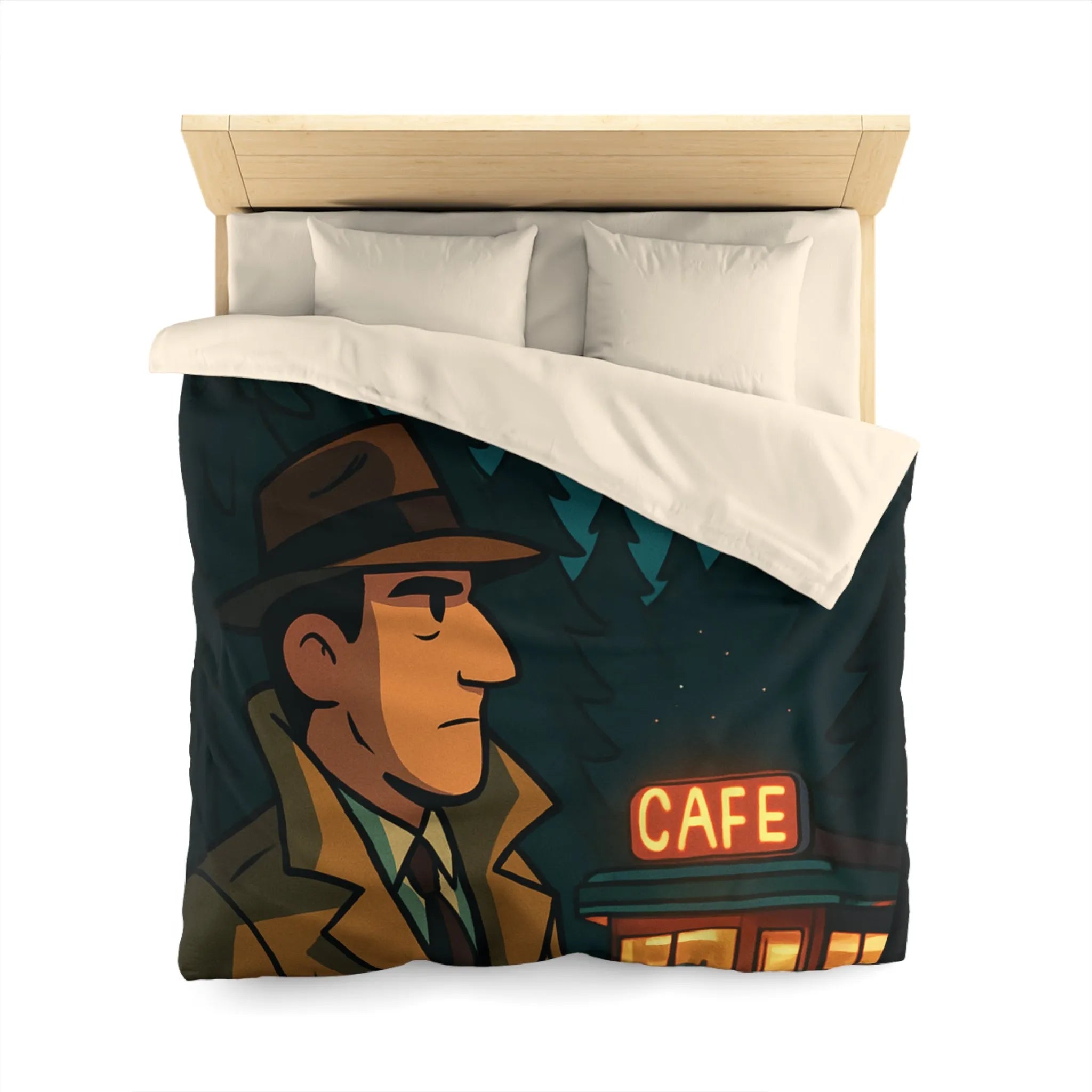 Housse de couette illustrée détective vintage, hibou mystérieux, forêt nocturne, café enchanteur