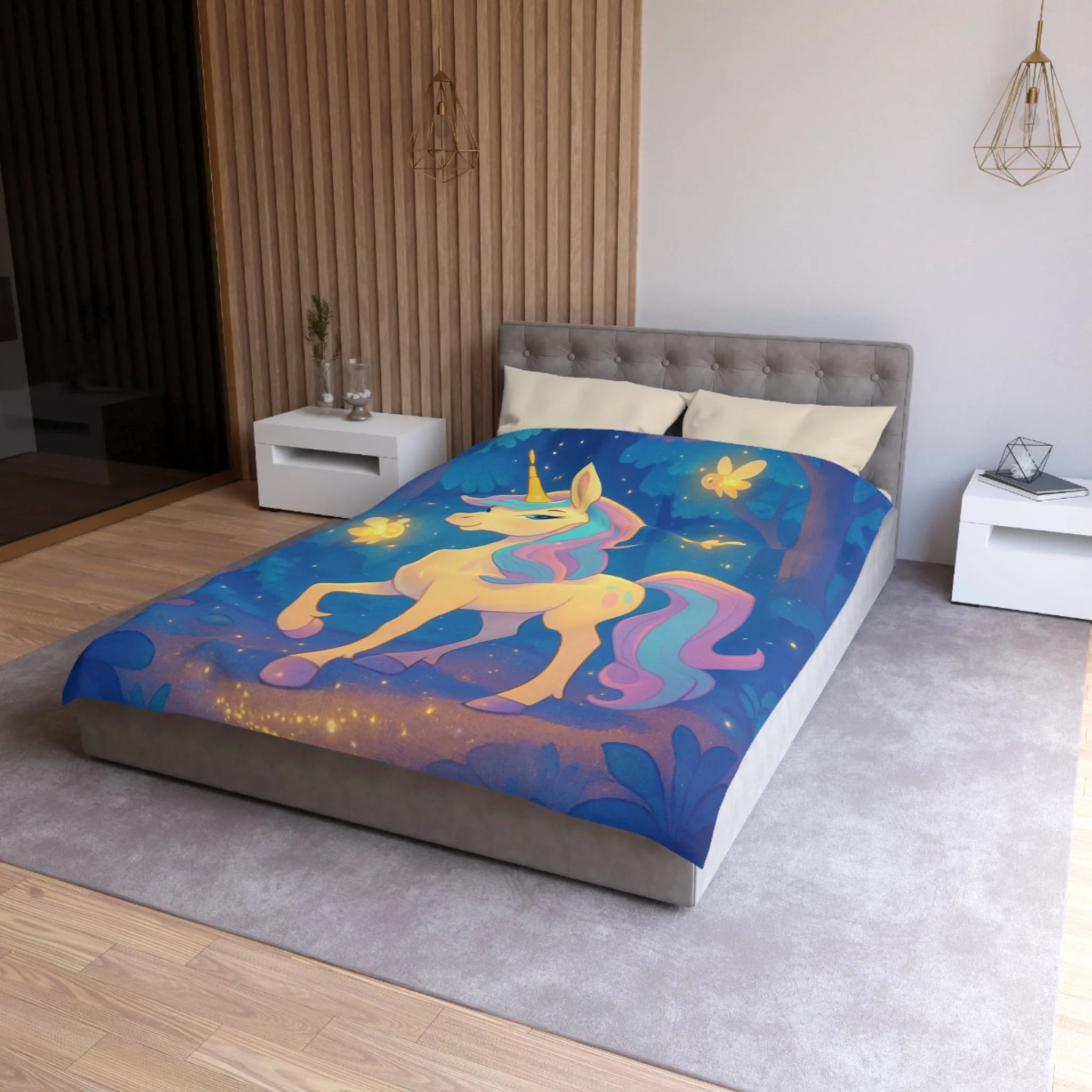 Housse de couette avec licorne féerique et lucioles dans une forêt enchantée