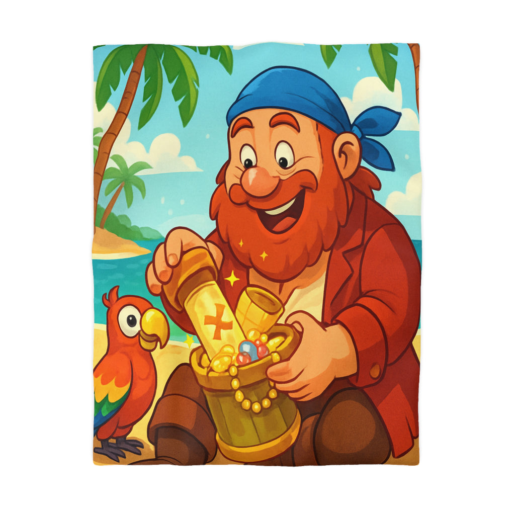 Housse de couette pirate joyeux trésor plage, perroquet coloré, mer et palmiers