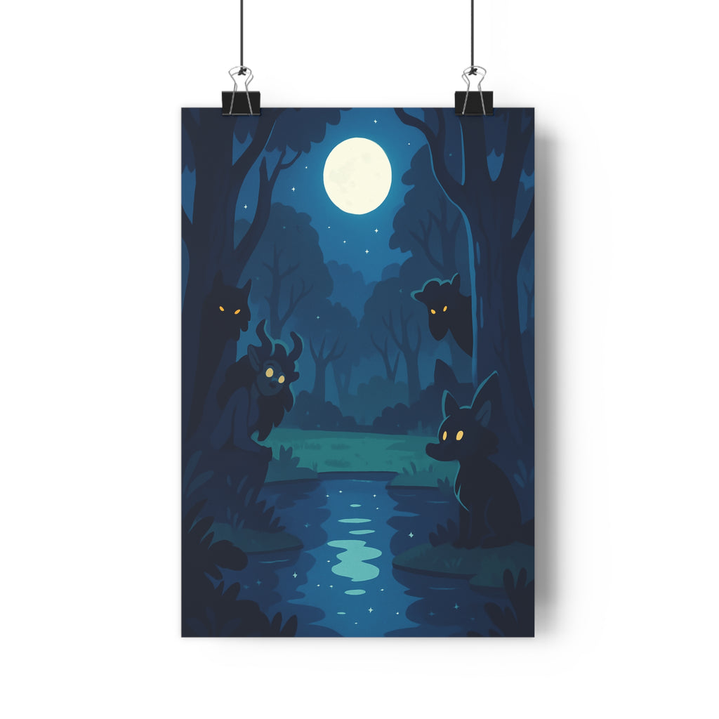 Poster décoratif mystique forêt nocturne créatures lumineuses dessin animé chambre salon 30x46 captivant qualité