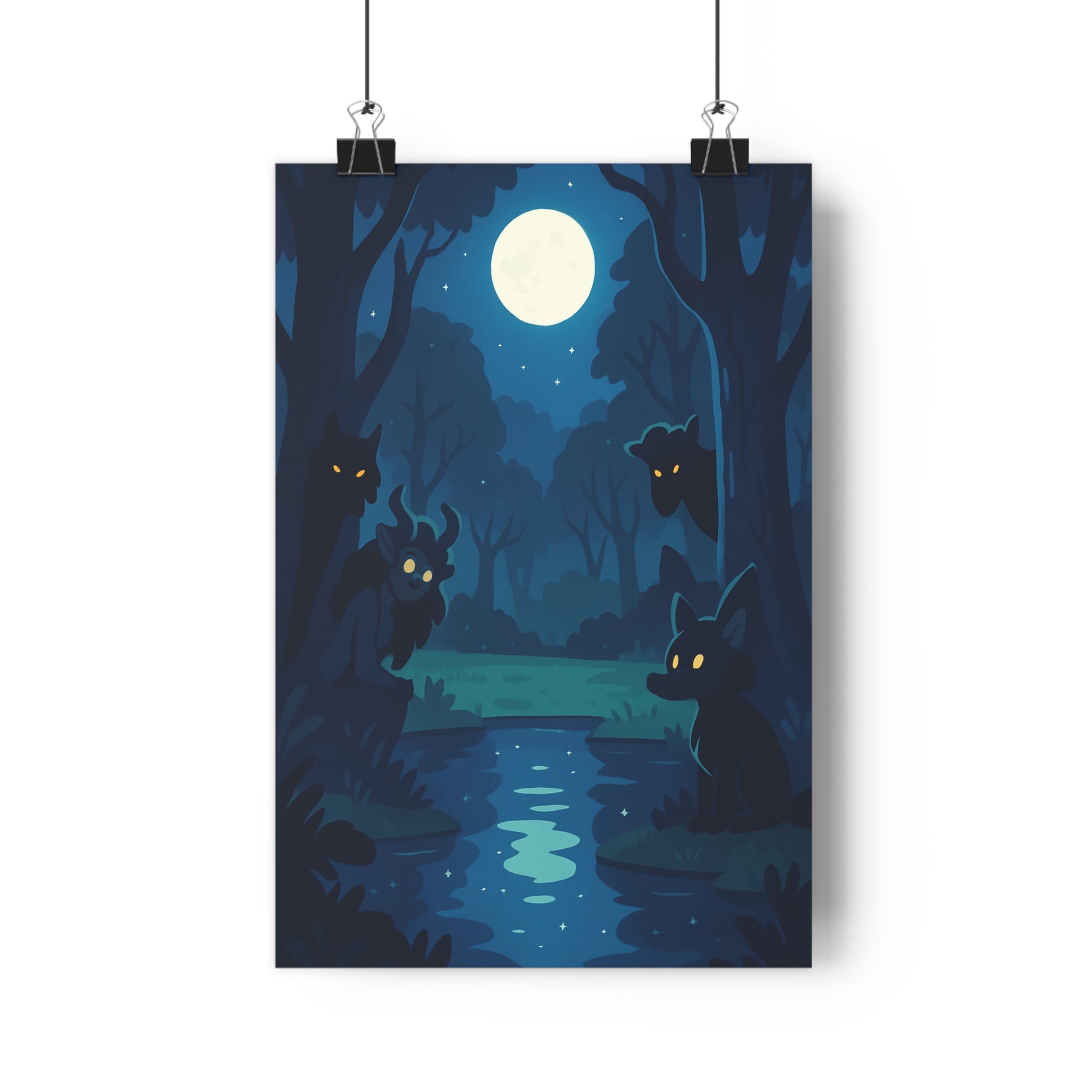 Poster décoratif mystique forêt nocturne créatures lumineuses dessin animé chambre salon 30x46 captivant qualité