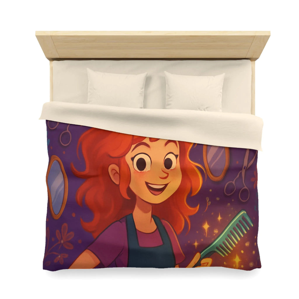 Housse de Couette Colorée avec Fille Rieuse et Ambiance Salon de Coiffure Magique