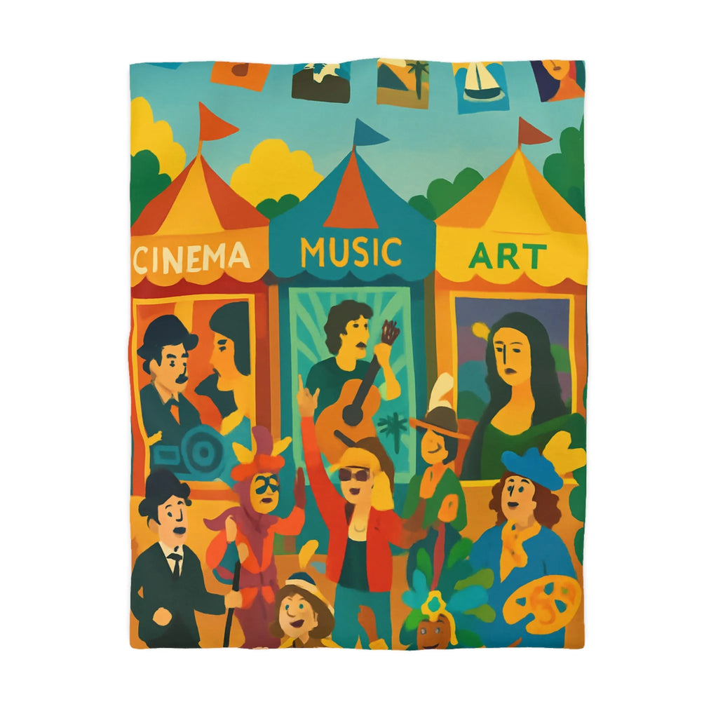 Housse de couette colorée avec motifs cinéma, musique et art, ambiance festive bohème