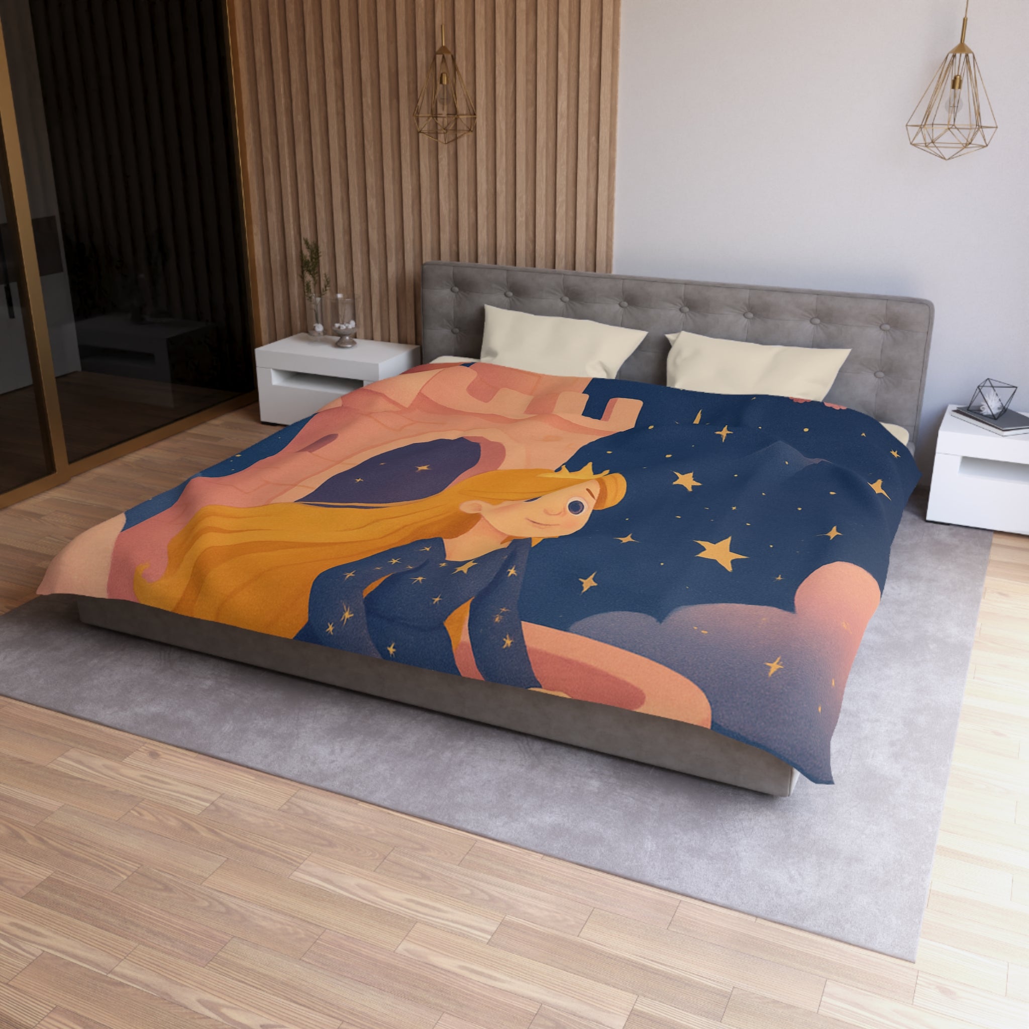 Housse de couette princesse rêveuse château et dragon volant étoiles scintillantes nuit