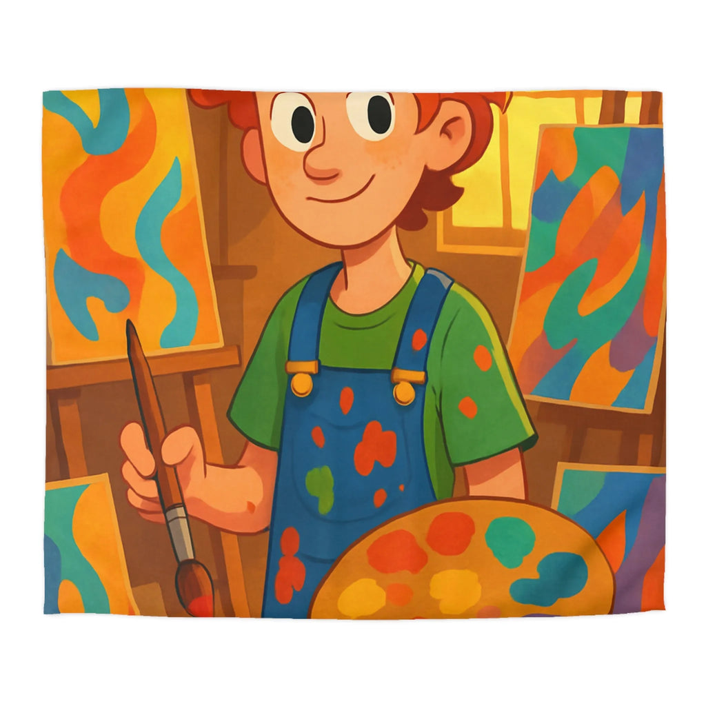 Housse de couette artistique colorée avec jeune peintre joyeux et œuvres vibrantes