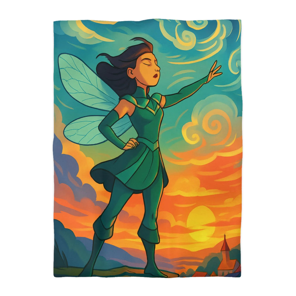 Housse de Couette Fée Magique sur La Falaise au Coucher de Soleil Éblouissant