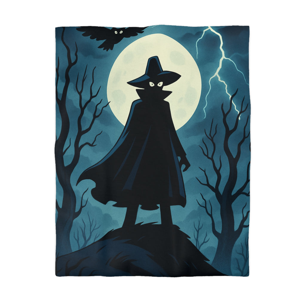 Plongez dans une scène nocturne mystérieuse avec silhouette et hibou sous lune pleine