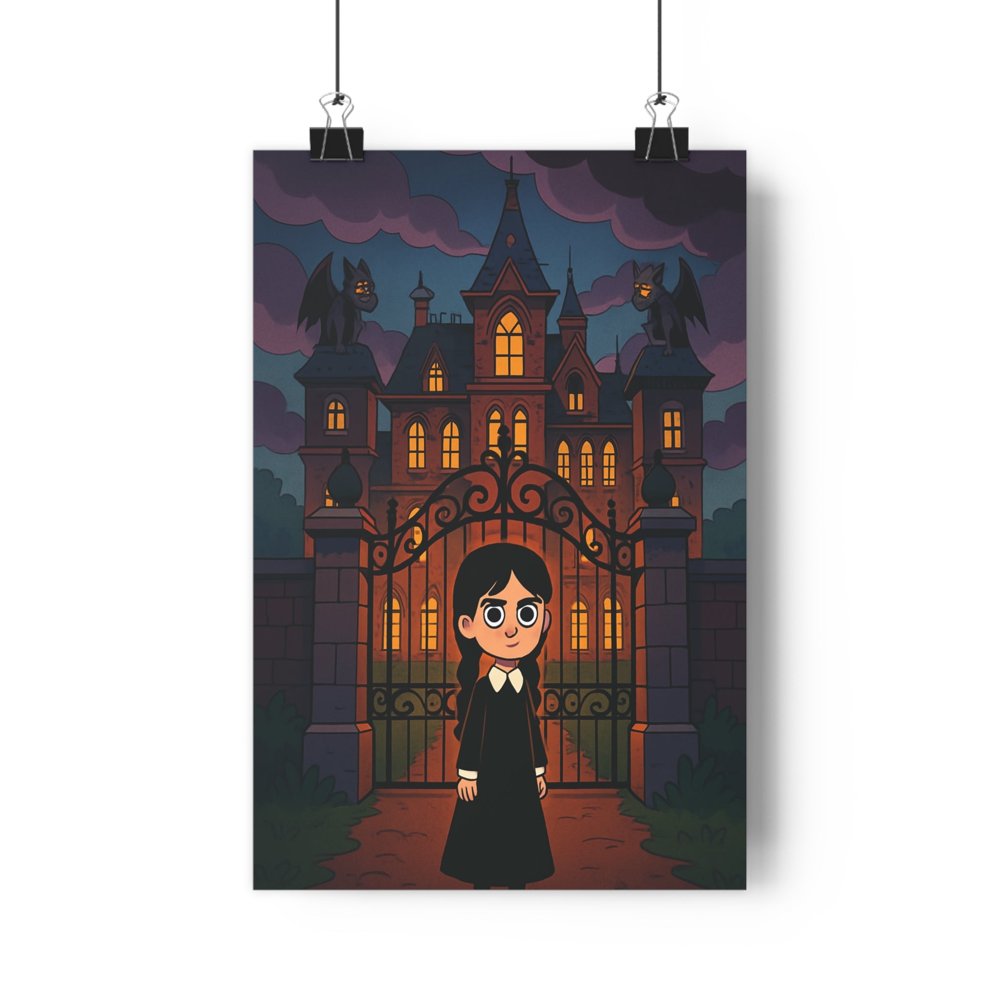 Poster décoratif dessin animé victorien gothique mystique manoir sombre violet noir chambre salon bureau