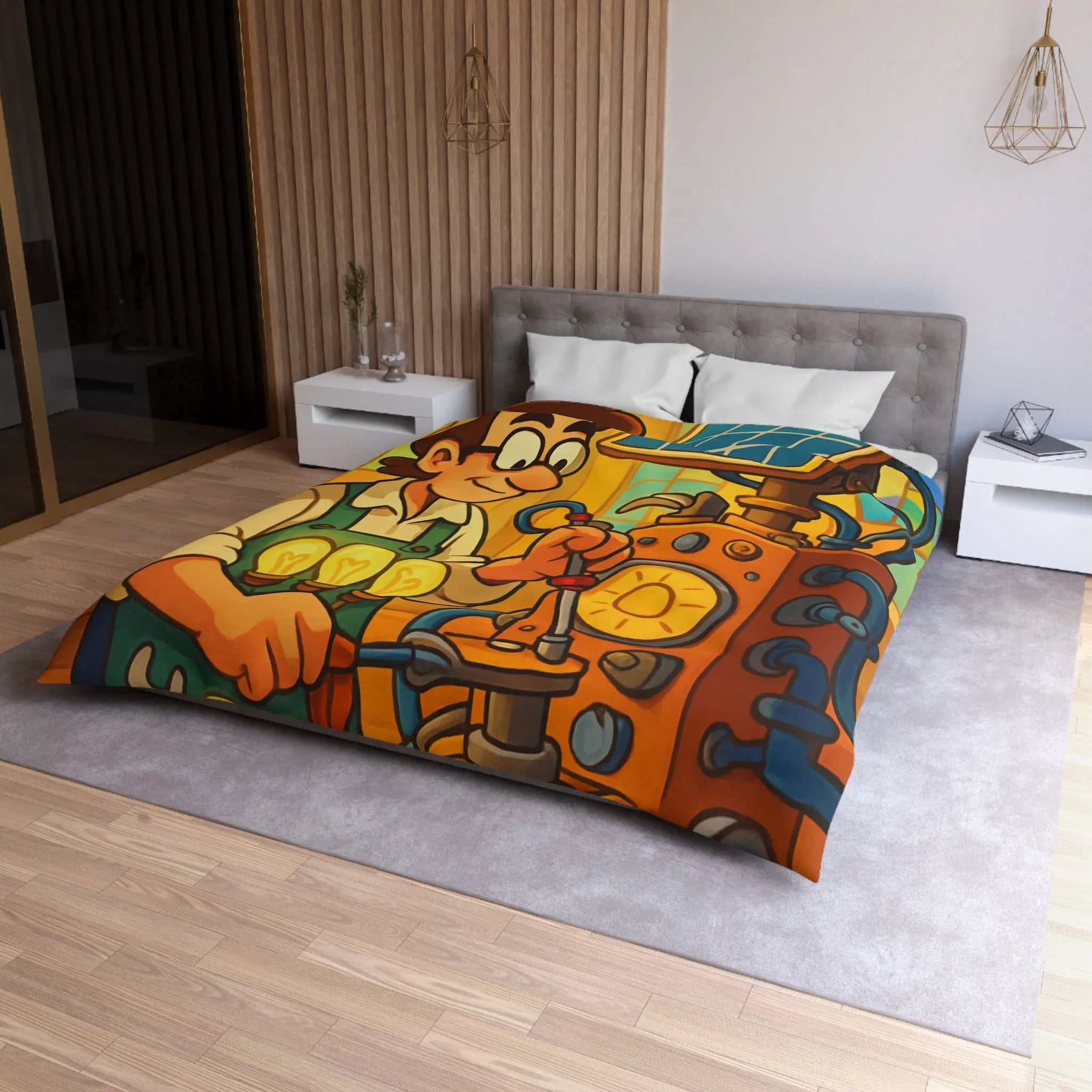 Housse de Couette Illustre Inventeur avec Machine Énergétique et Vitrail Coloré Artistique