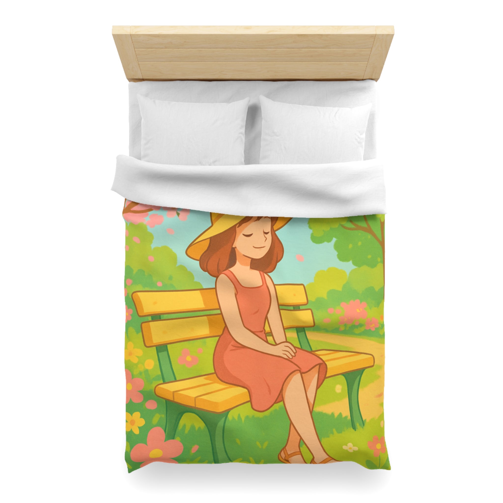 Housse De Couette Motif Printanier Banc Fleurs Ciel Bleu Style Illustration Paisible