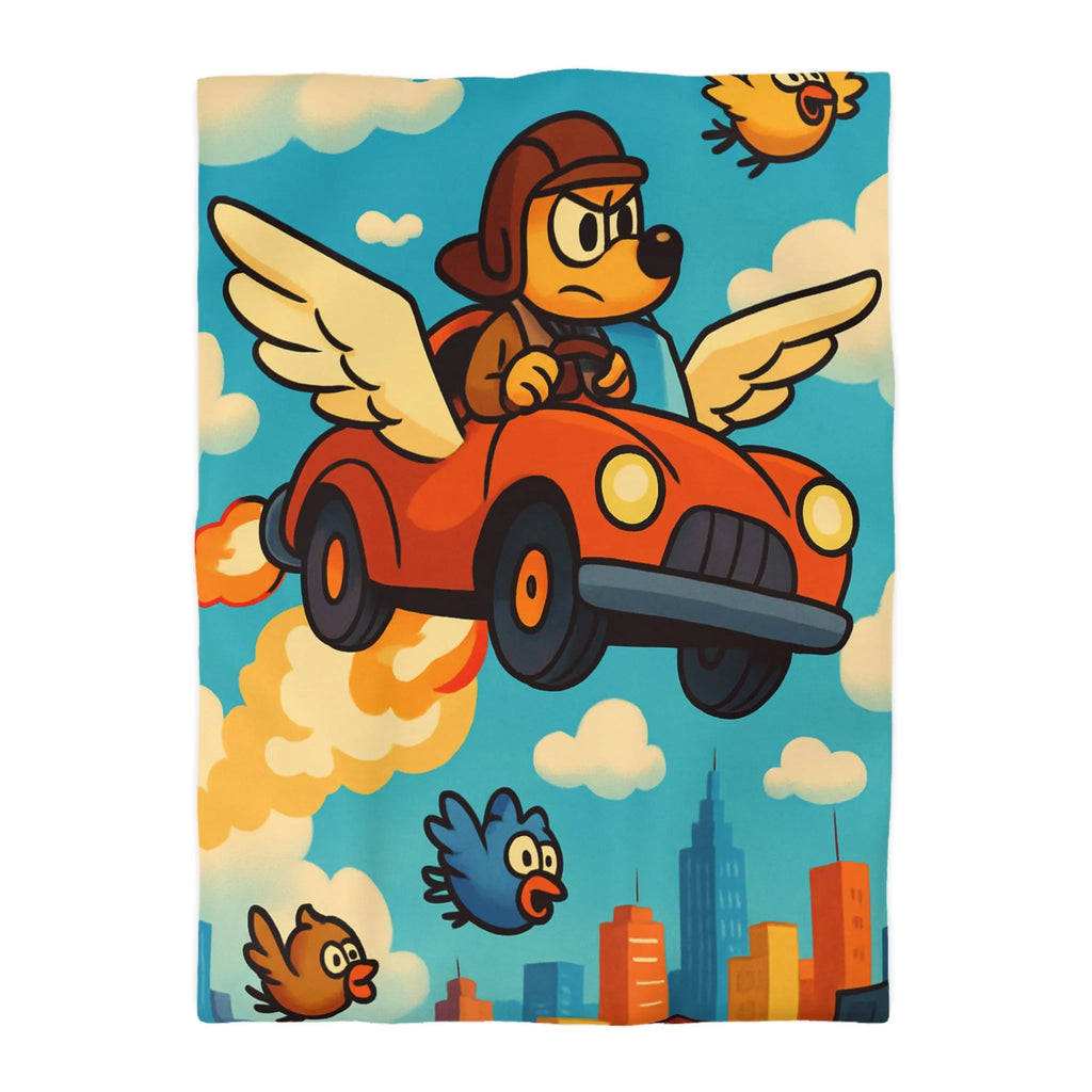 Housse de couette colorée avec chien volant dans voiture ailée au-dessus de ville cartoon