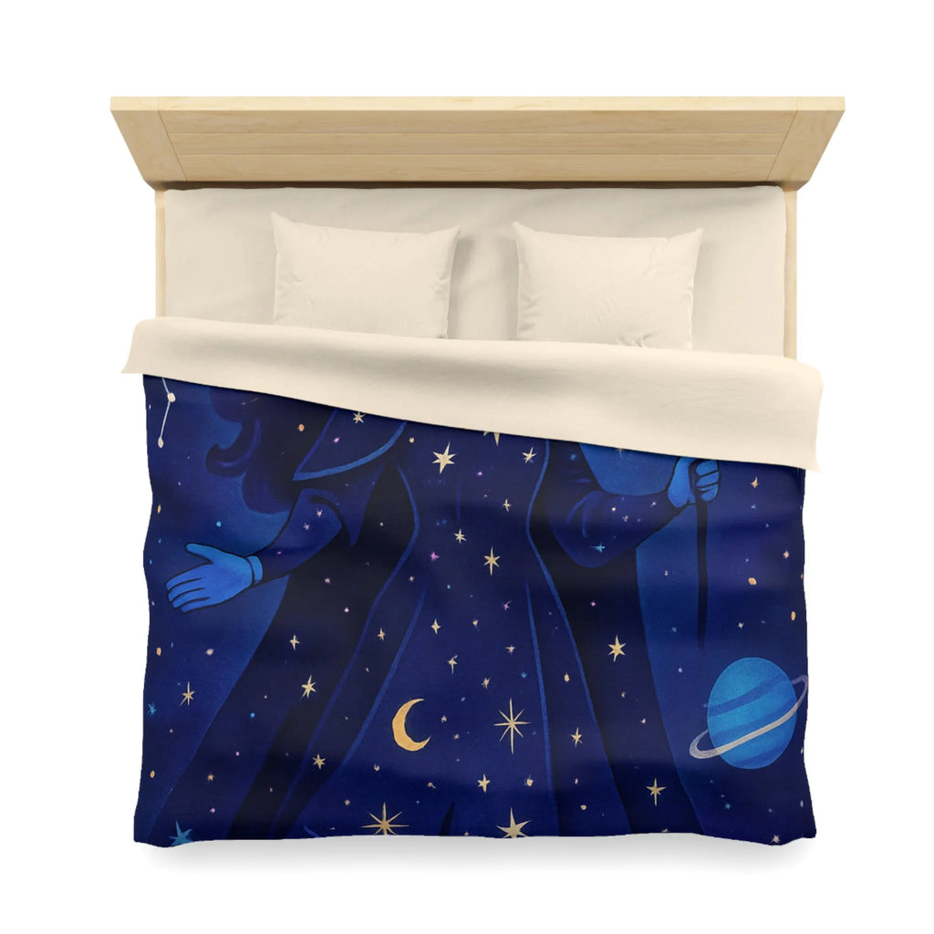 Housse de couette illustration déesse cosmique étoiles lune mystique bleu nuit magique
