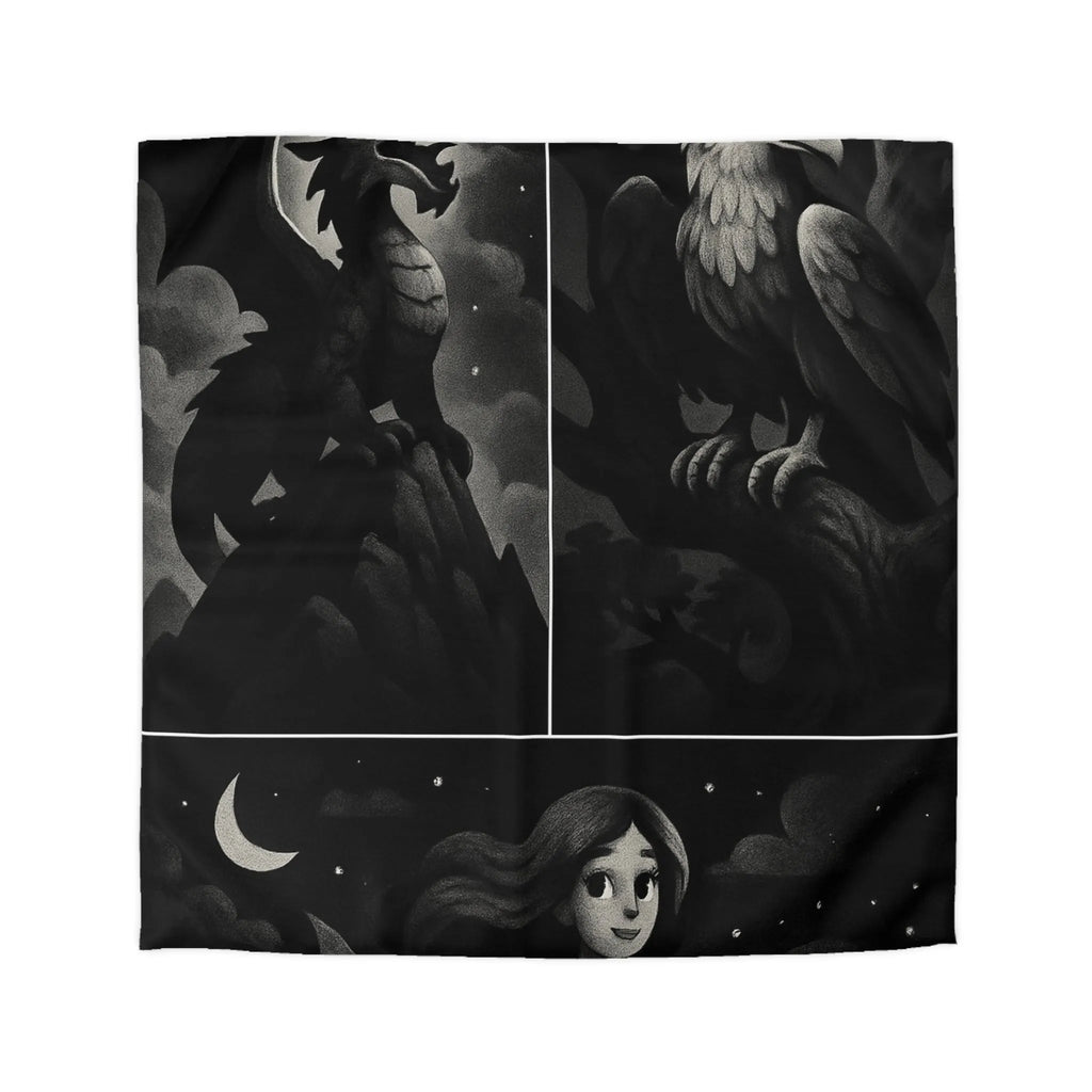 Housse de couette avec motifs de créatures fantastiques dragon, griffon et sirène en noir et gris