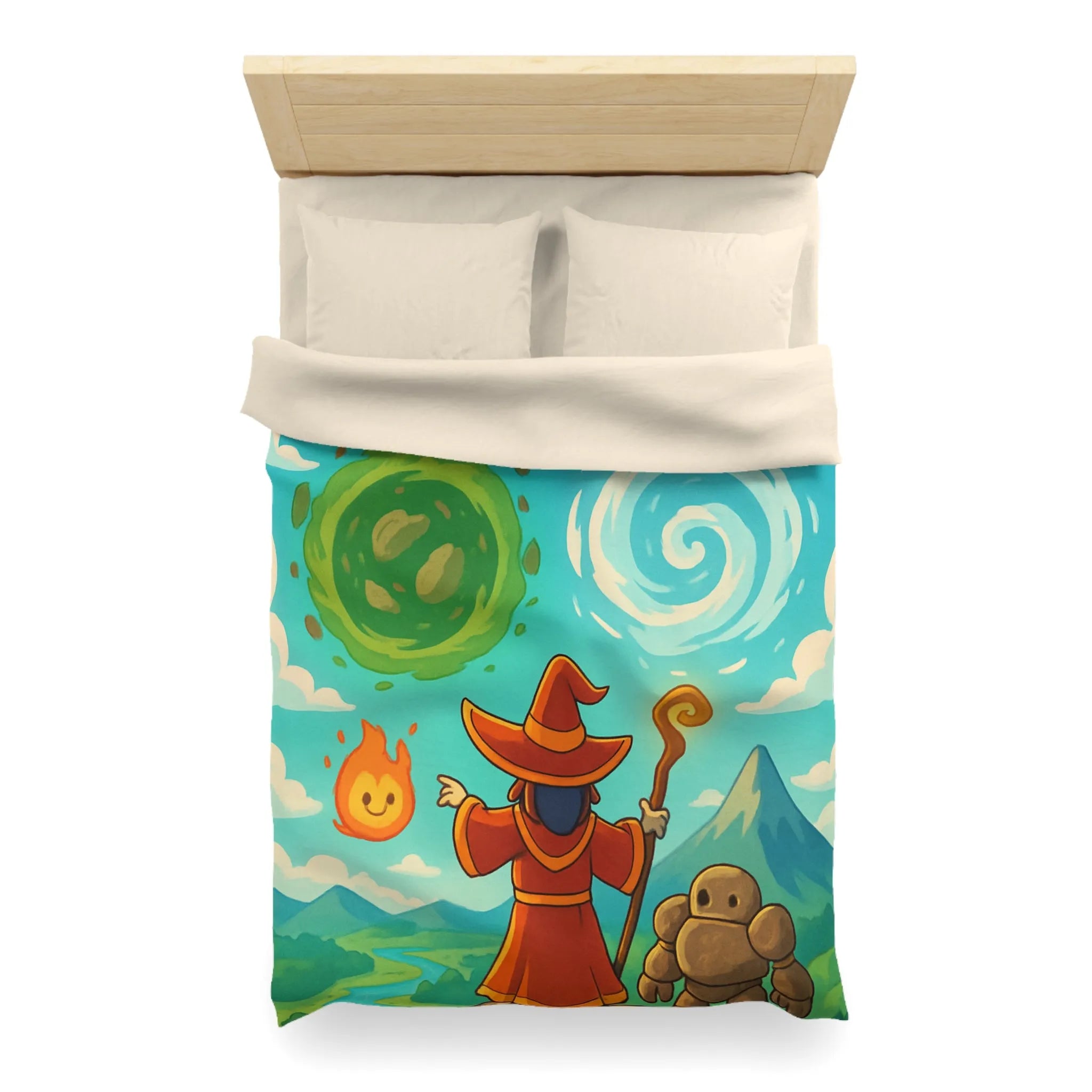 Housse de couette avec illustration magique de sorcier, élémentaires et paysage vibrant