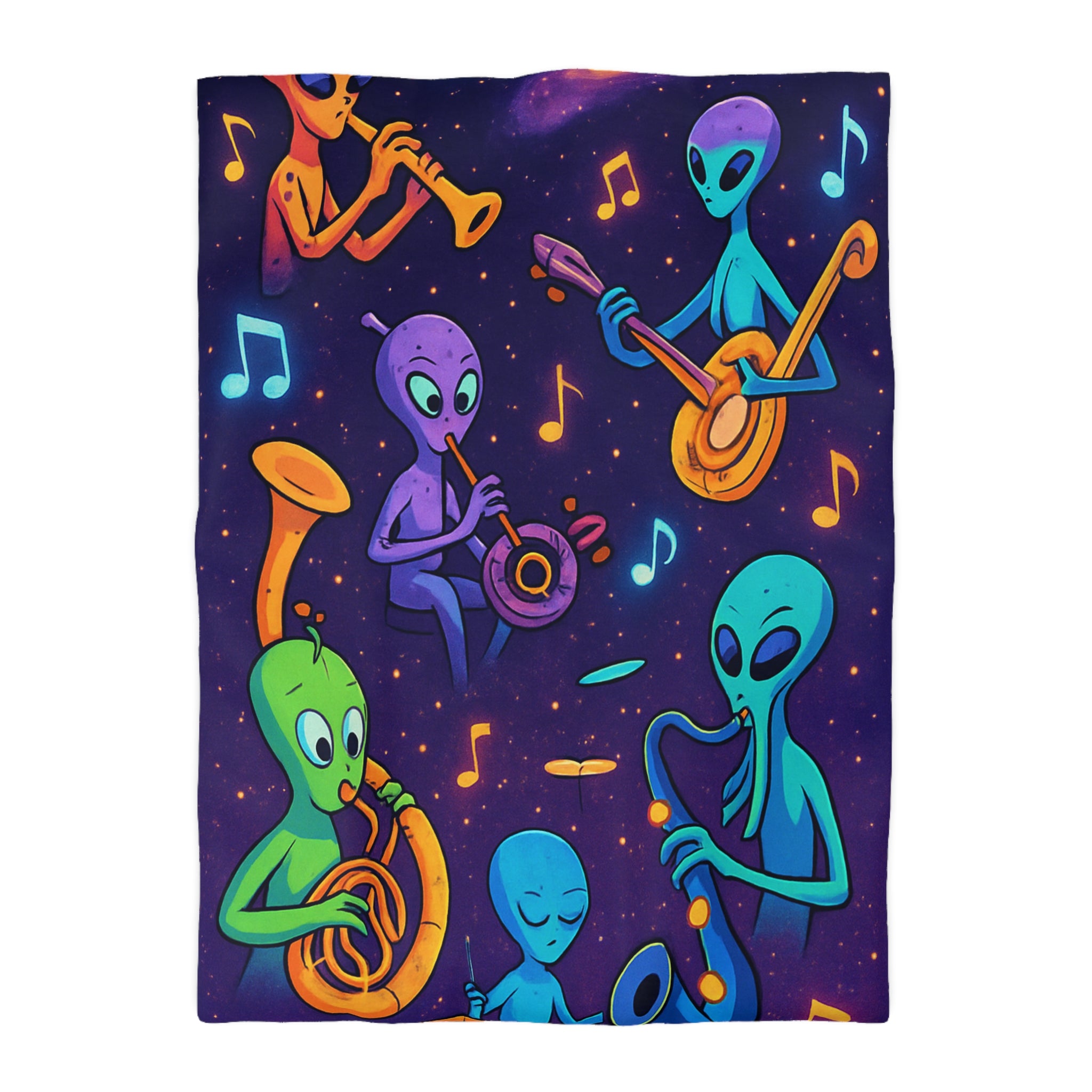 Housse de Couette Motif Aliens Musiciens Colorés Enchantant L'univers Spatial Fantastique