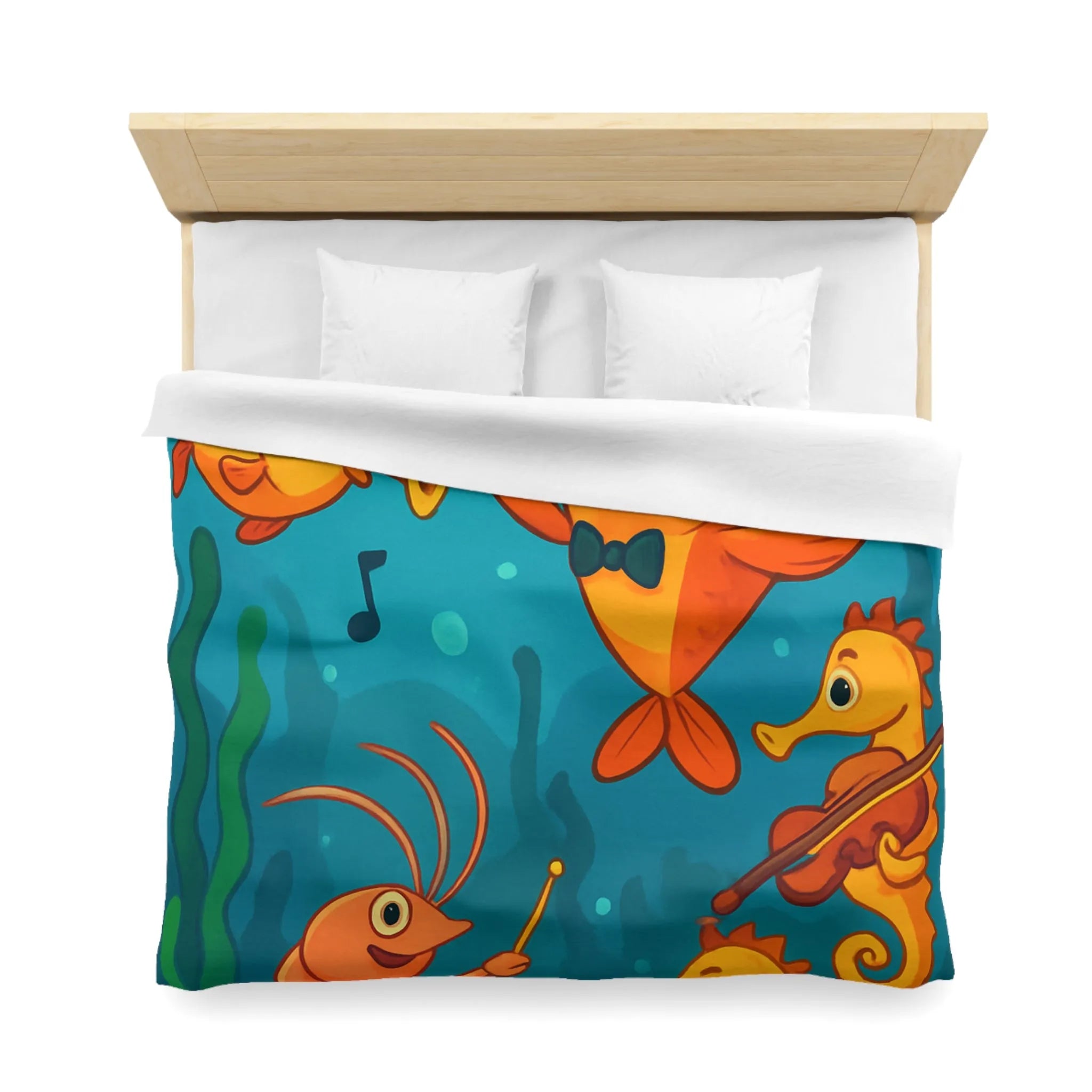 Housse de couette ludique pour enfants avec orchestre sous-marin de poissons et hippocampes