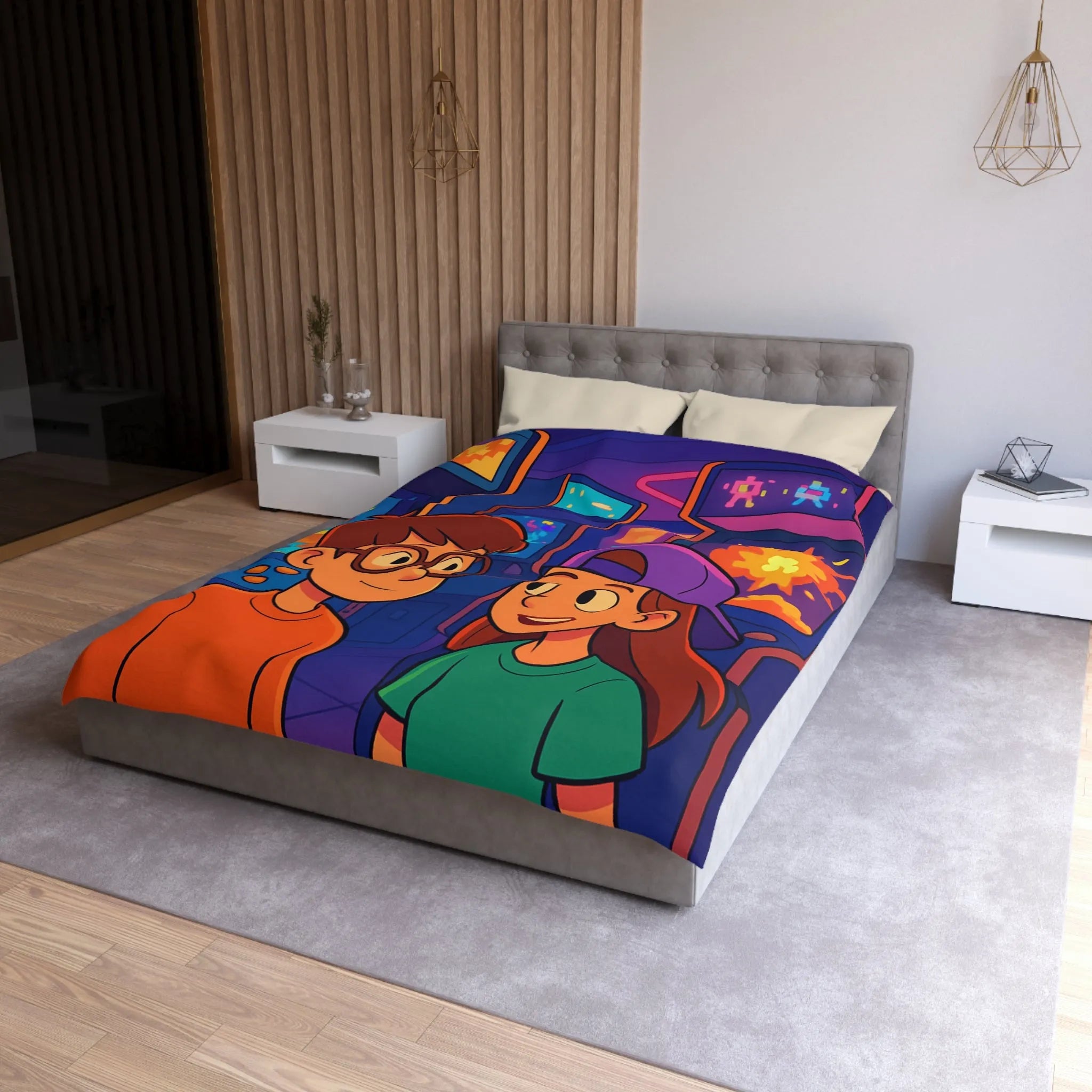 Housse de couette colorée arcade rétro néon pour gamers adolescents ambiance années 80