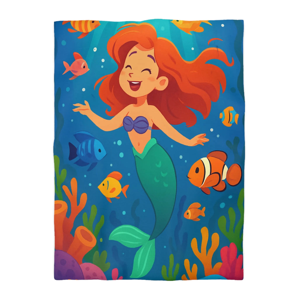 Housse de couette colorée avec sirène joyeuse et poissons dans un océan magique