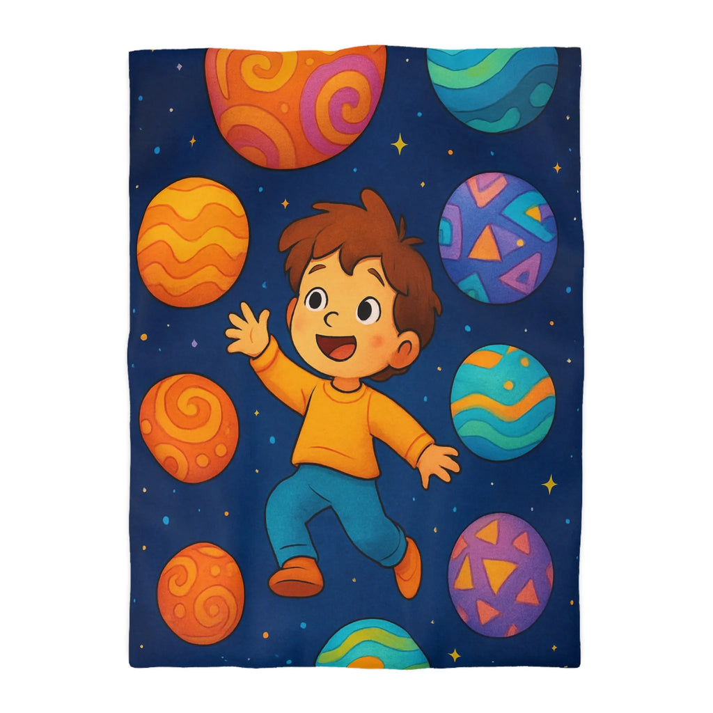 Housse de couette enfant planète colorée avec garçon dans l'espace étoilé vibrant
