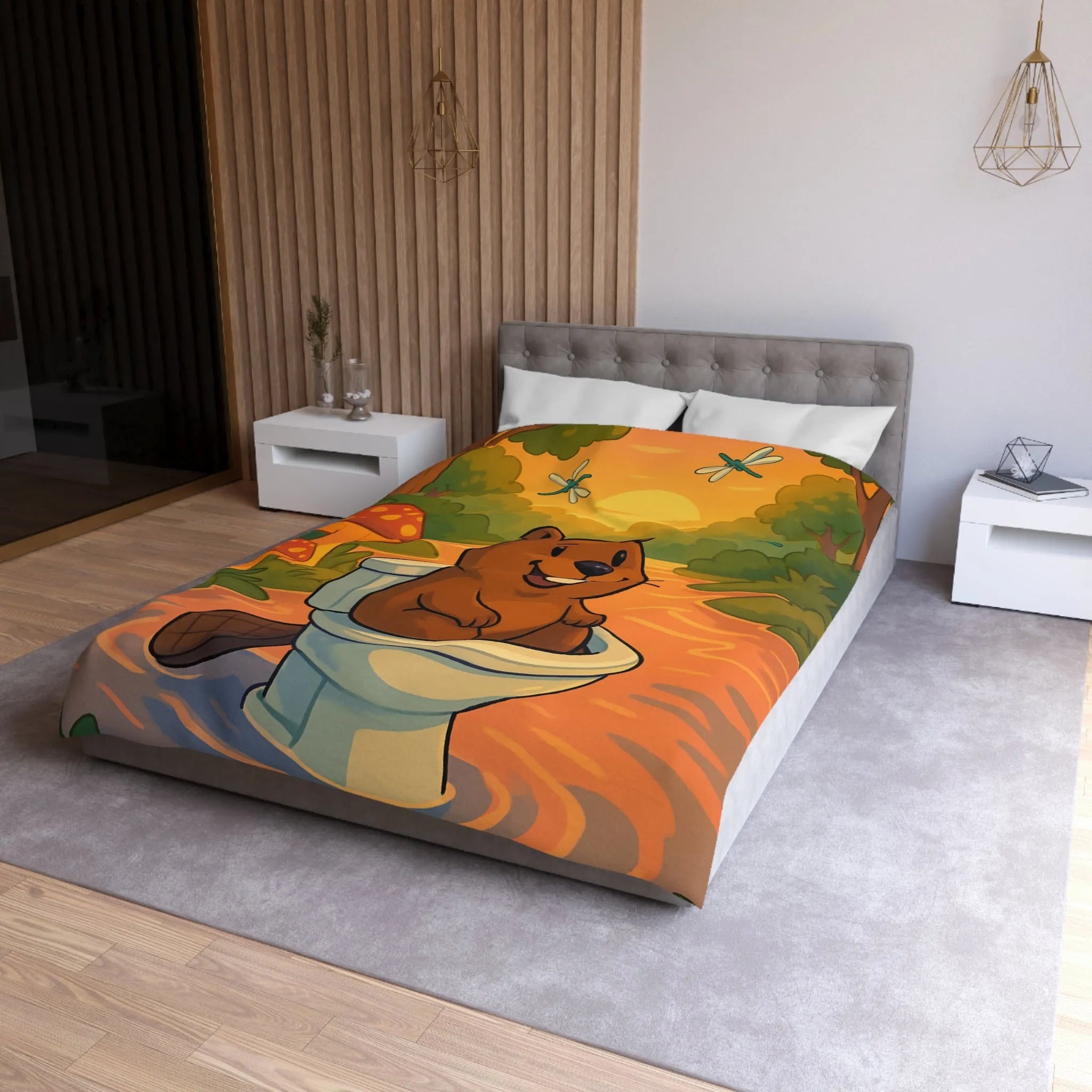 Housse de Couette Enfant Animée avec Castor Amusant et Paysage de Forêt Enchantée