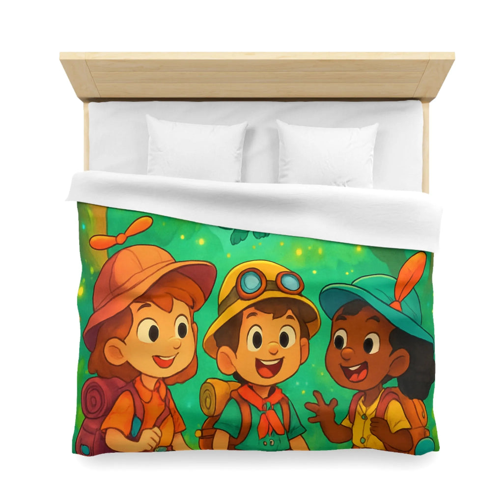 Housse de couette enfants aventure forêt avec dragons et jeunes explorateurs joyeux