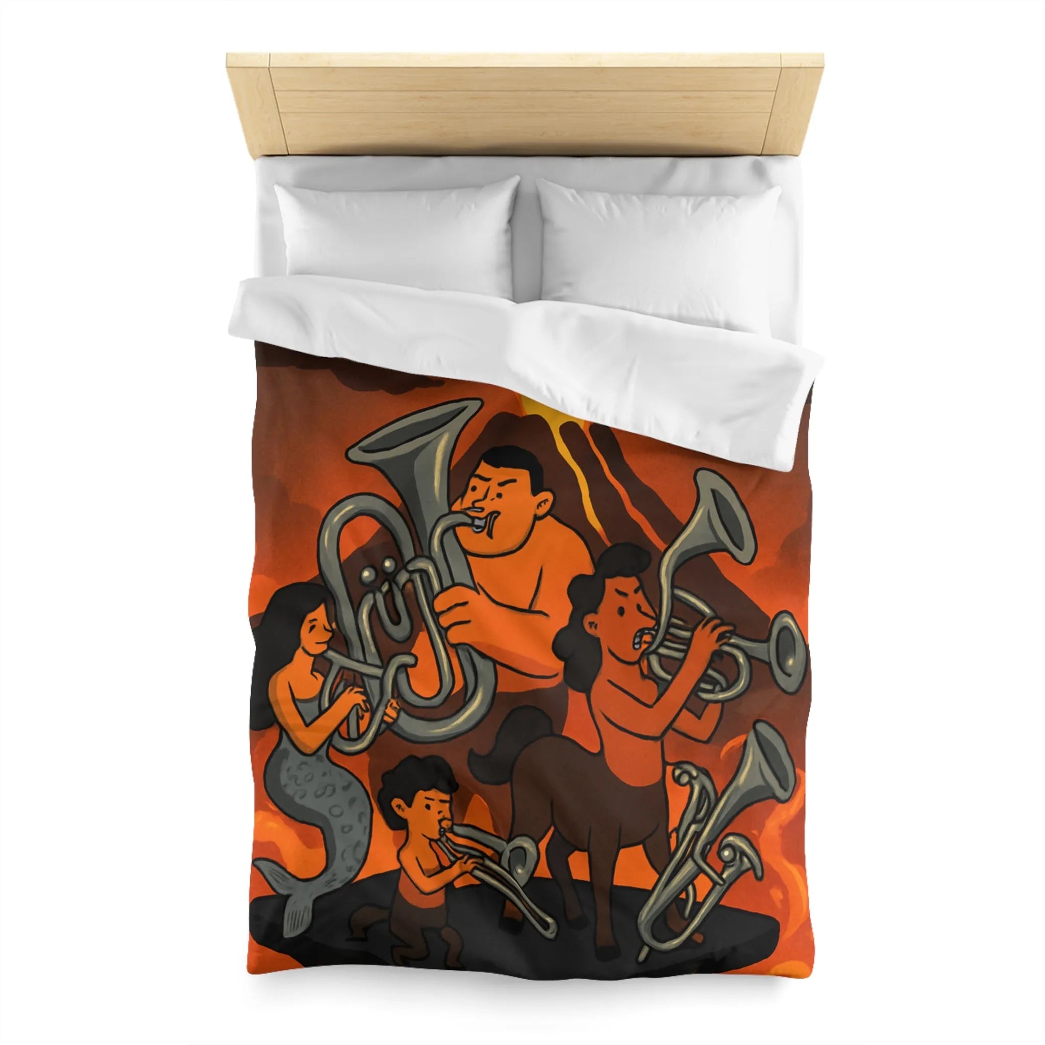Housse de couette avec design mythique de musiciens sur fond volcanique flamboyant