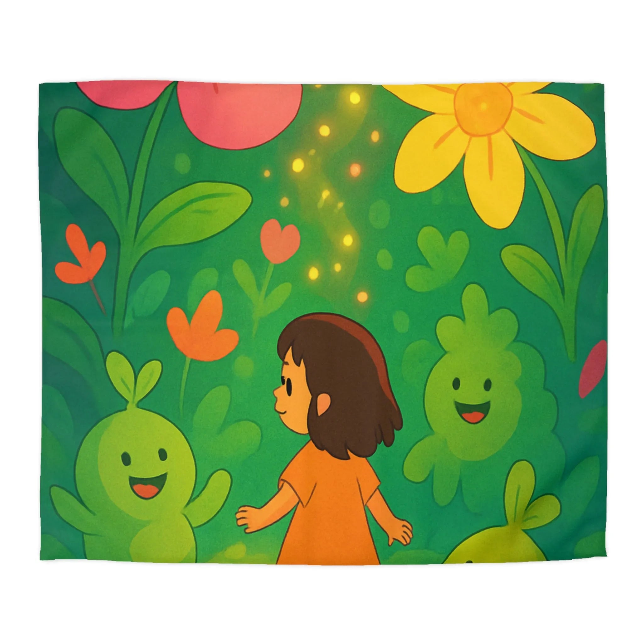 Housse de couette enfant avec fleurs colorées et créatures joyeuses dans forêt magique