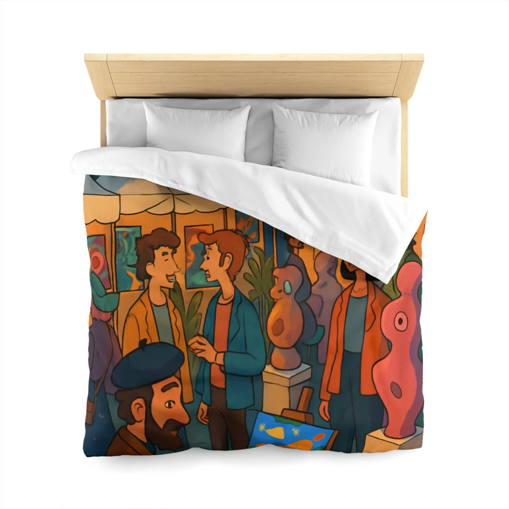 Housse de couette avec scène de marché nocturne animé et sculptures colorées