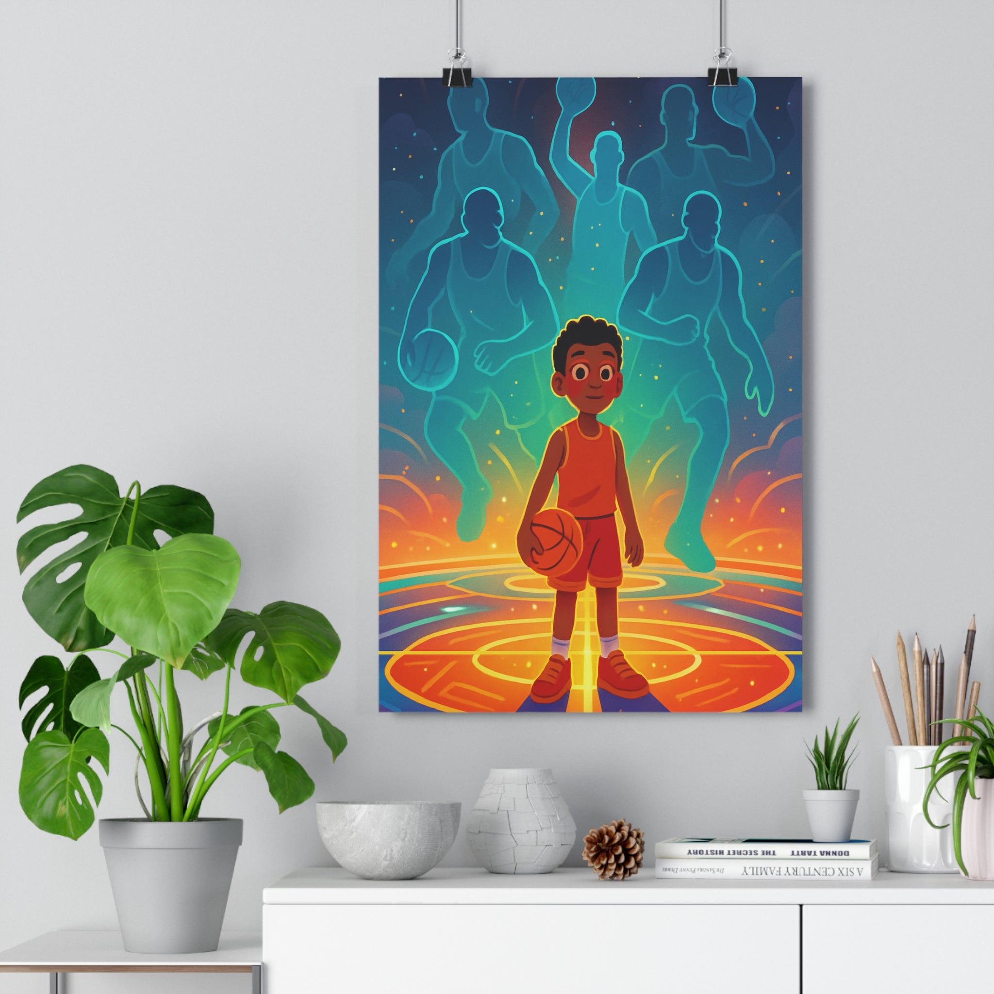 Poster décoratif art déco bleu orange joueur basket dynamique salon chambre qualité premium qualité