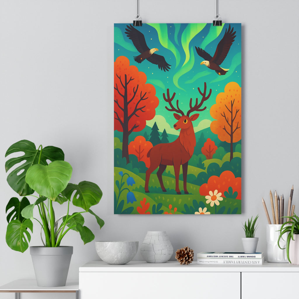 Poster décoratif nature cerf forêt colorée automne vibrant salon chambre style serein captivant art