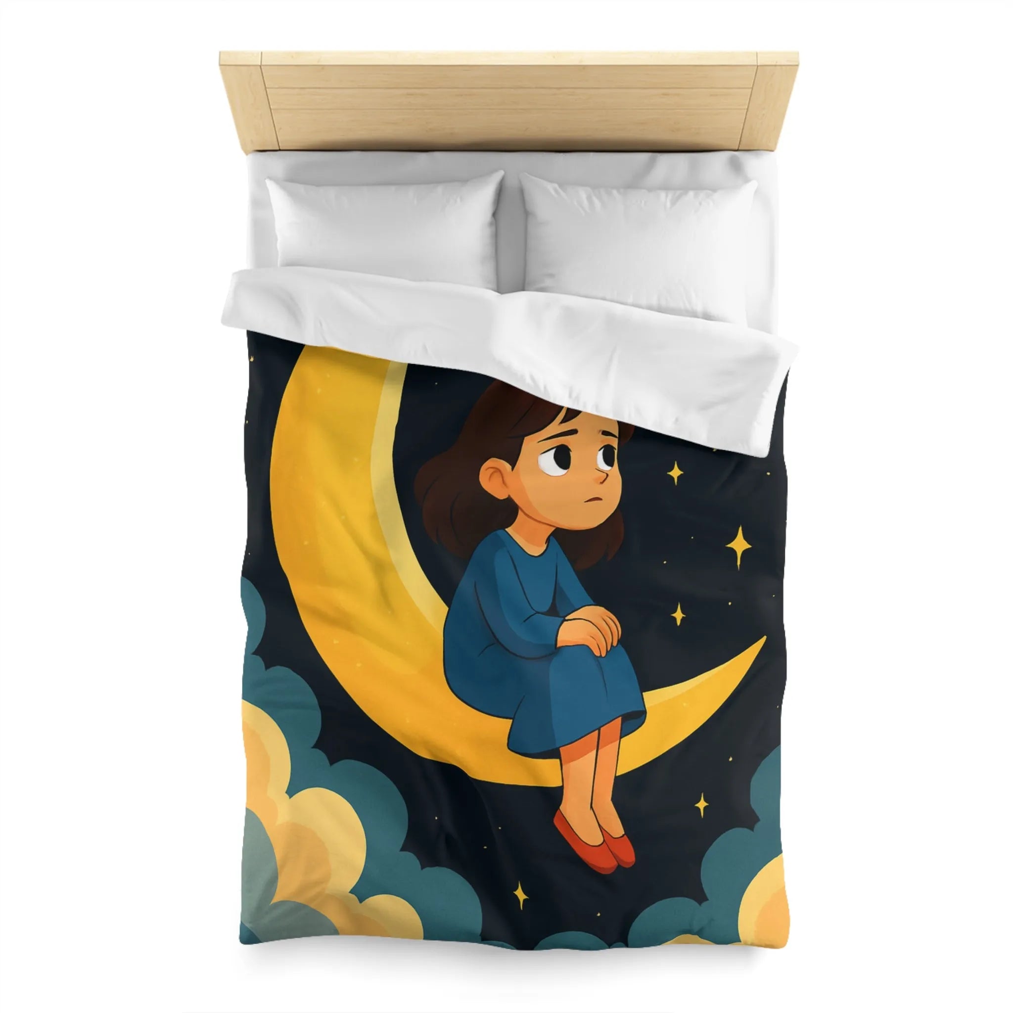 Housse de couette avec lune jaune, ciel étoilé et fille pensive en bleu