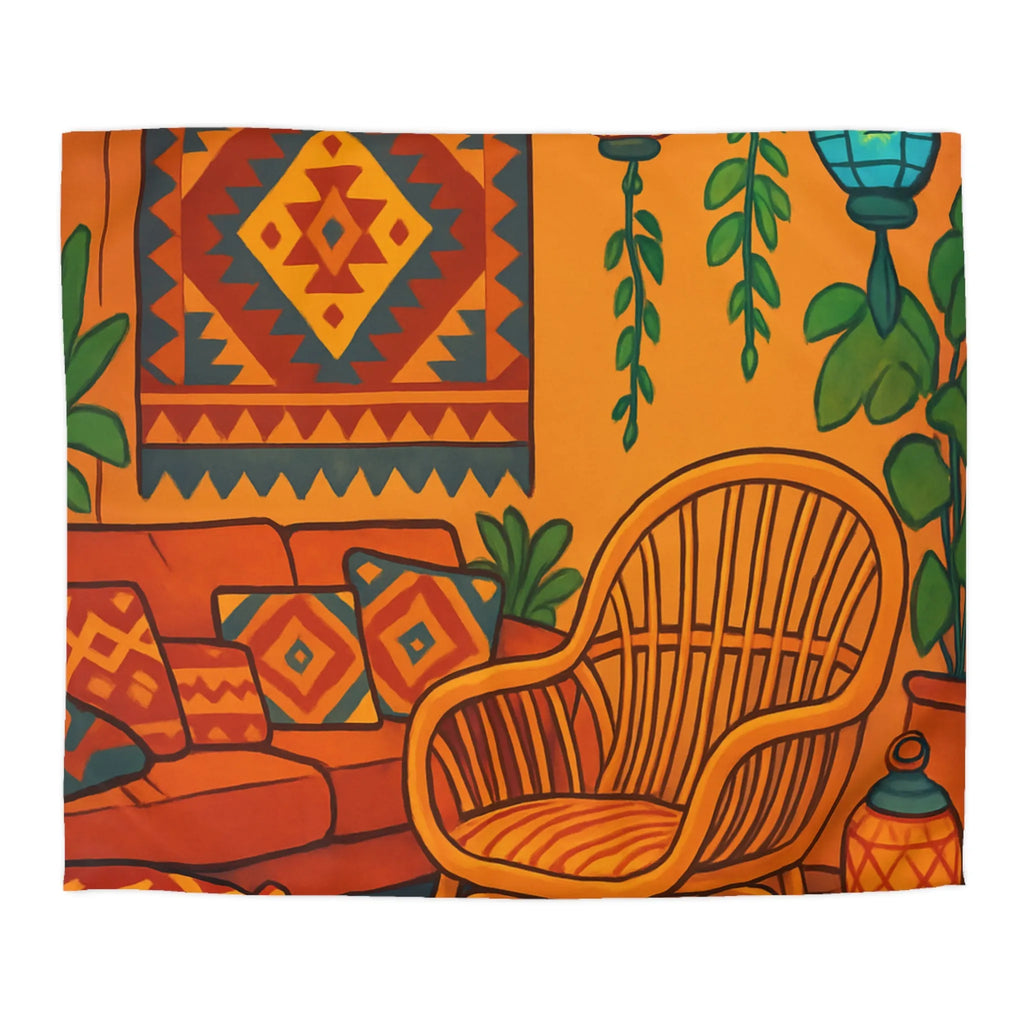 Housse de Couette aux Motifs Géométriques Bohèmes avec Tons Oranges et Bleus Éclatants