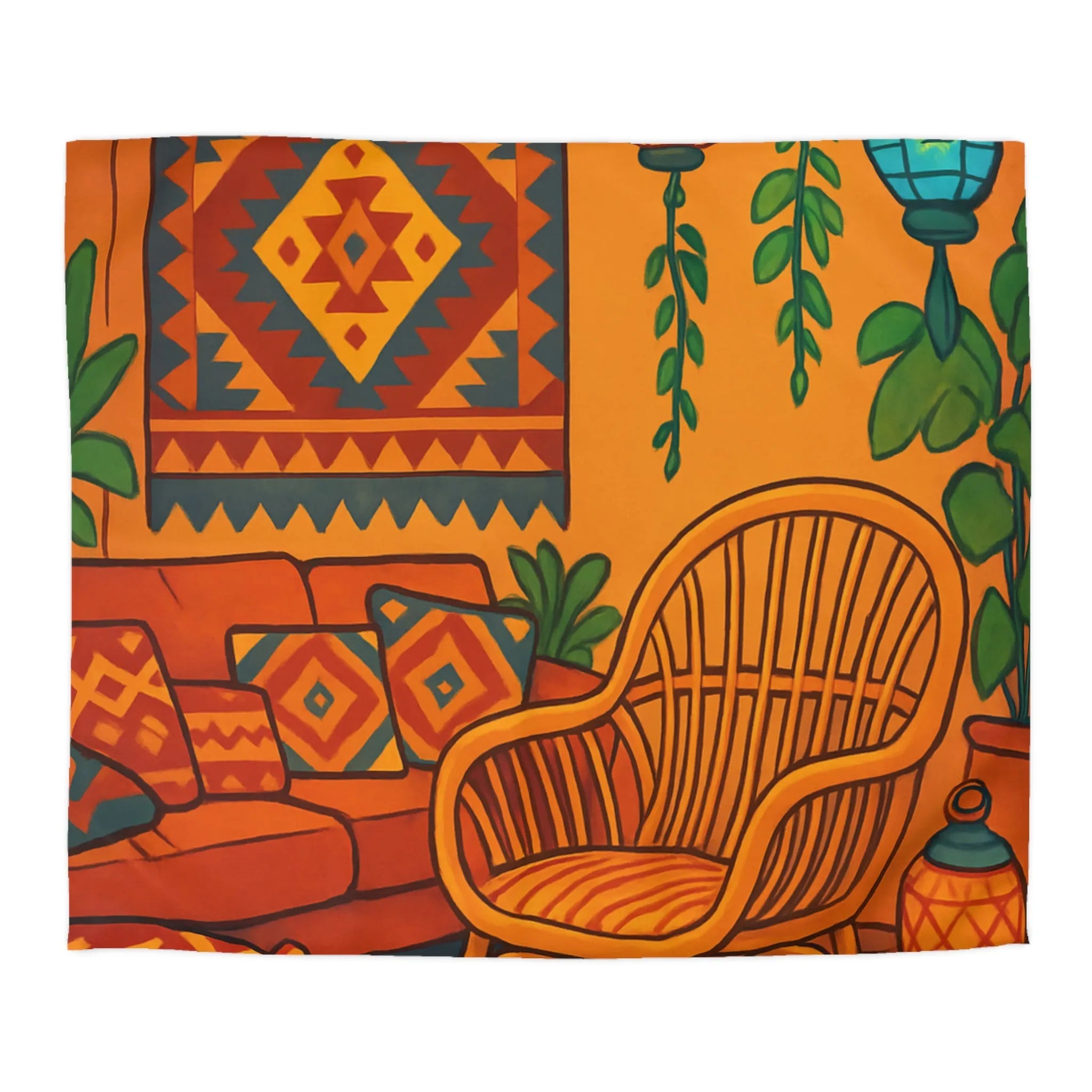 Housse de Couette aux Motifs Géométriques Bohèmes avec Tons Oranges et Bleus Éclatants